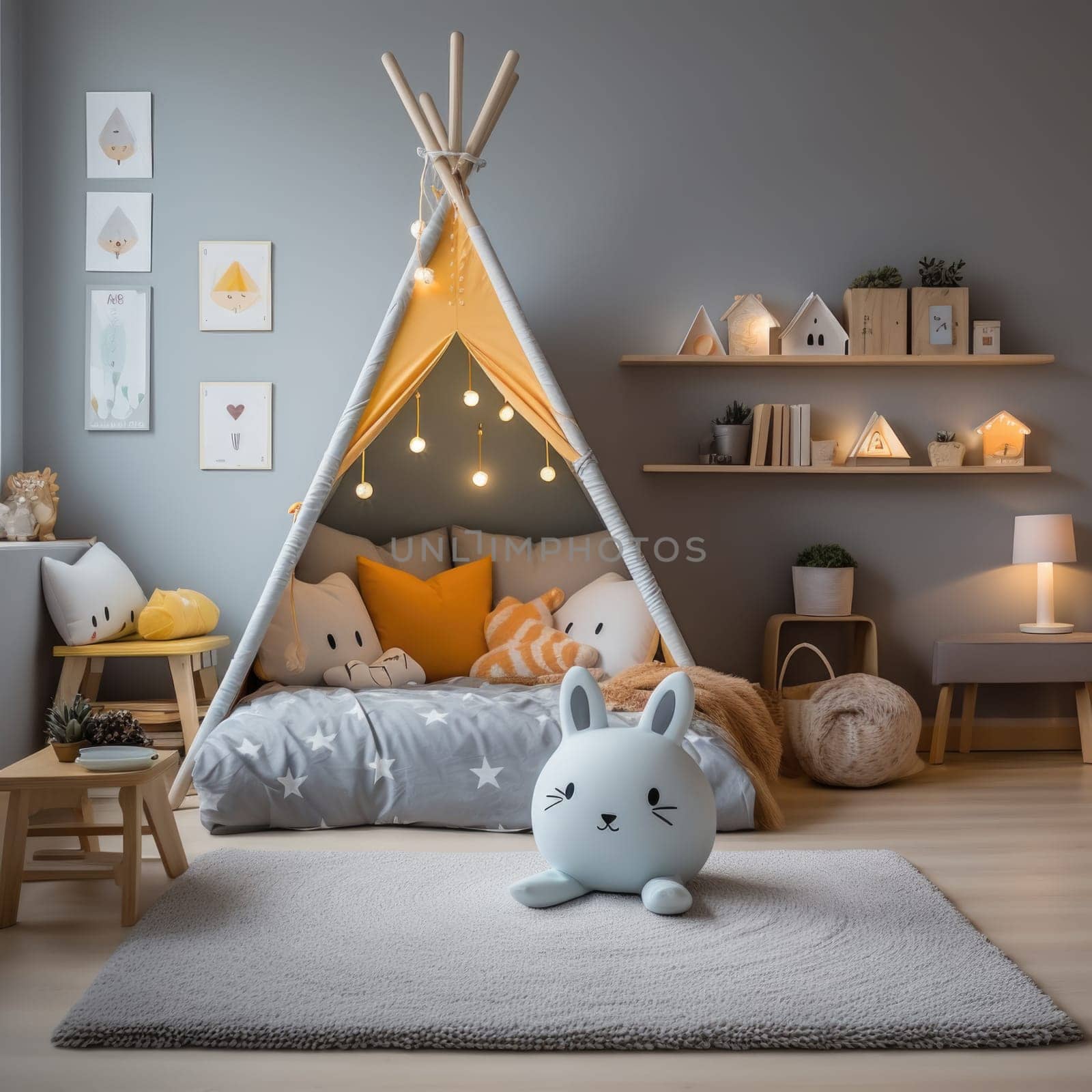 Modern interior of a children's room with a wigwam and soft toys. Generated by artificial intelligence by Vovmar