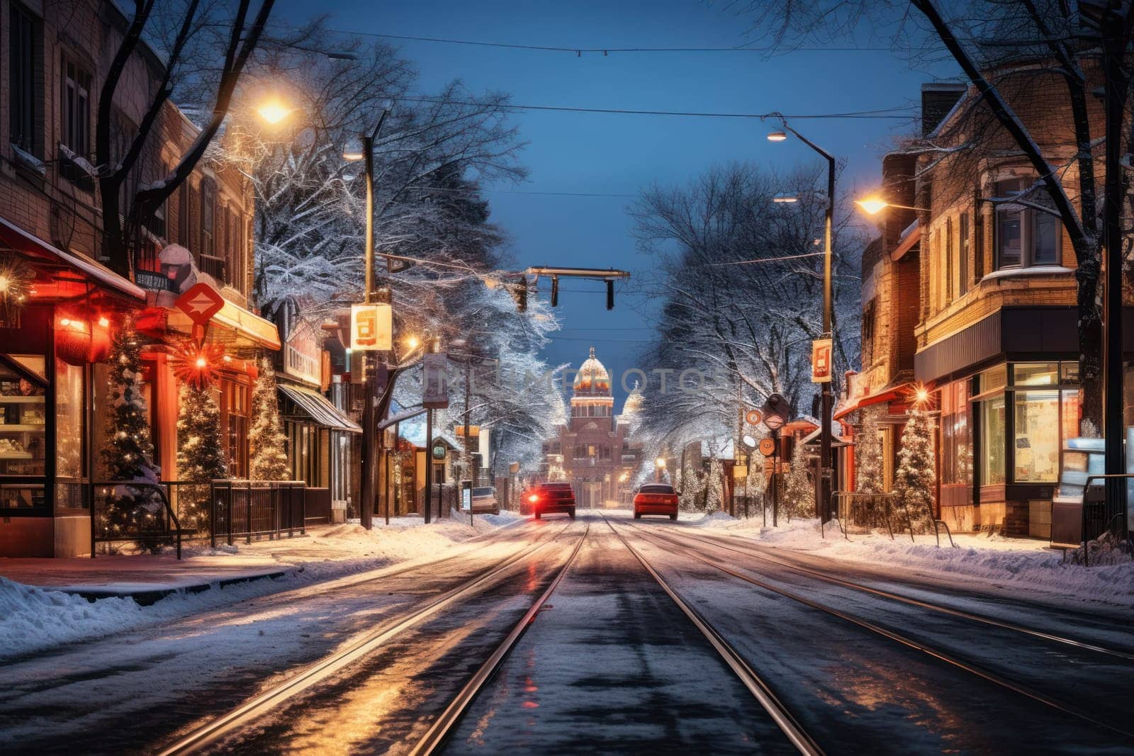 An evocative representation of urban life during winter, focusing on the enchanting vistas of city streets, buildings blanketed in snow, and the warm radiance of streetlights.