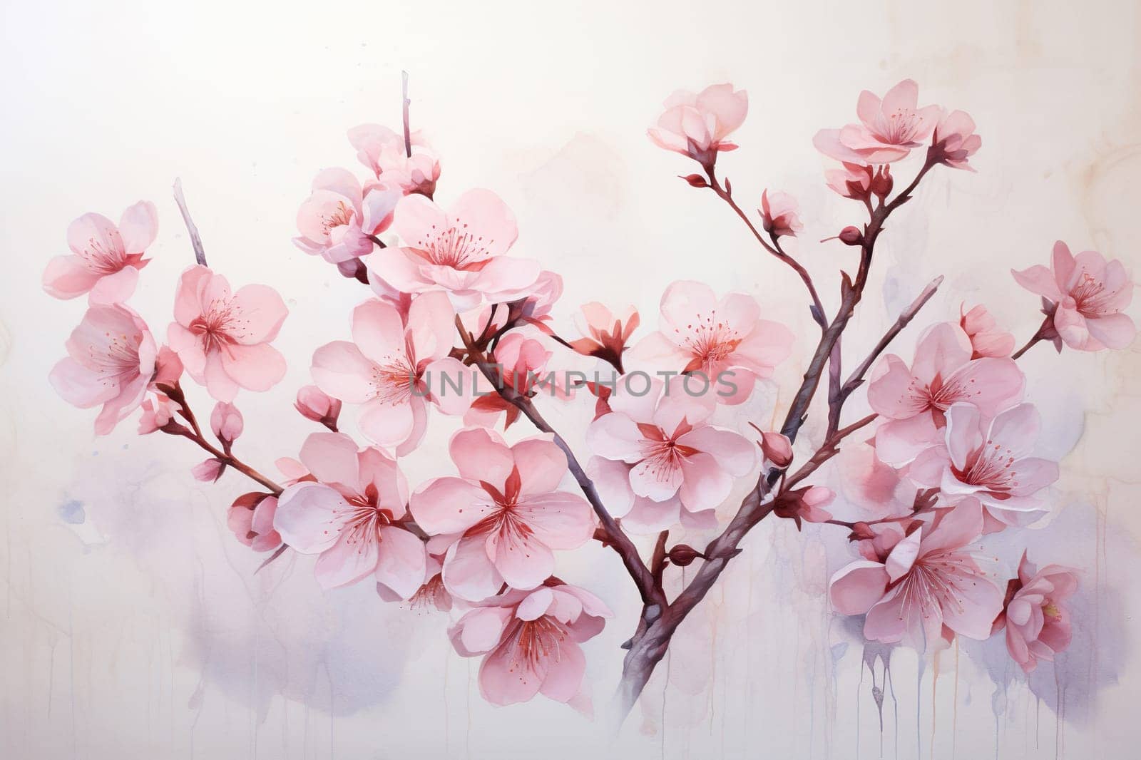 Drawing of sakura on the wall using paints with smudges. Generated by artificial intelligence by Vovmar