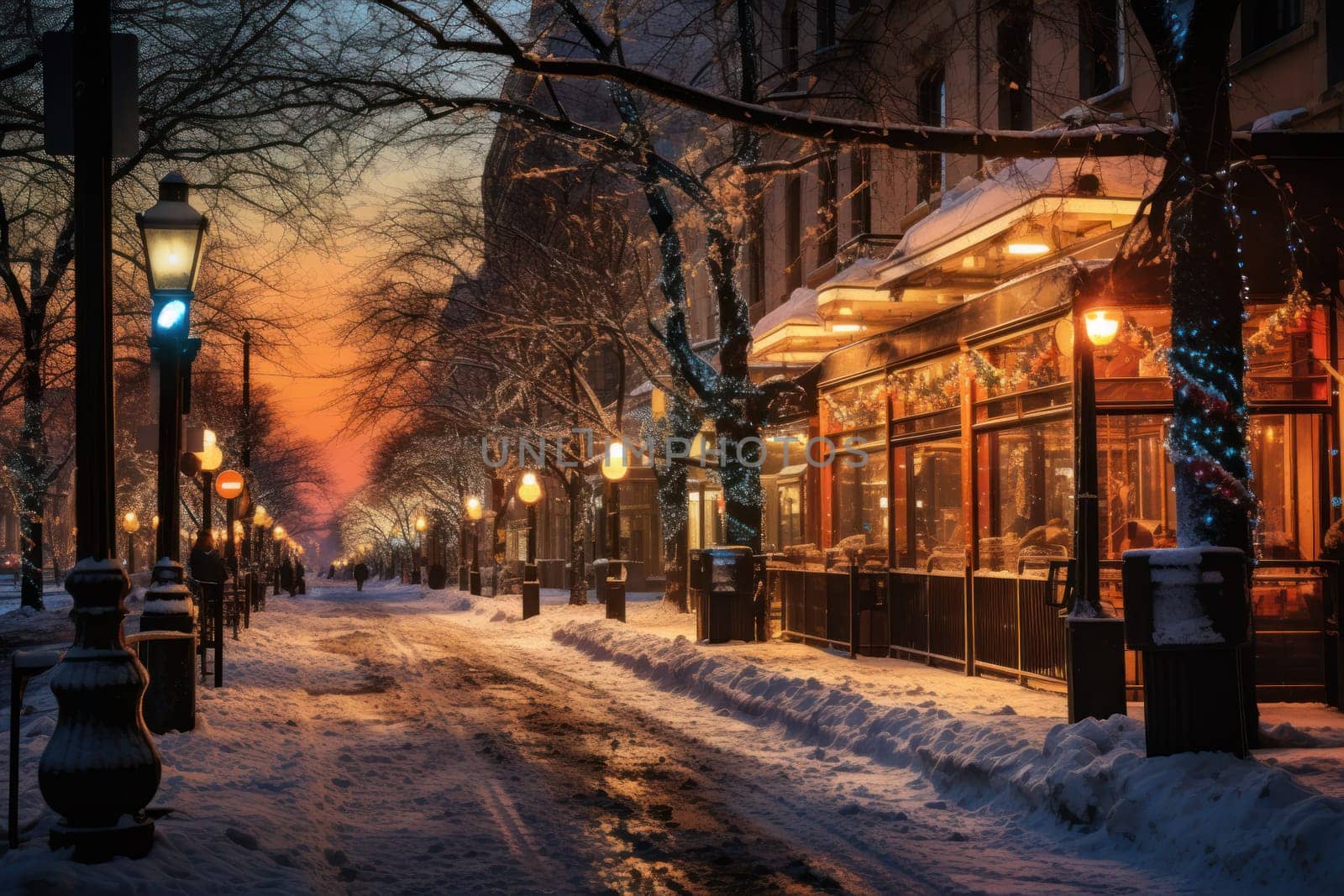 An evocative representation of urban life during winter, focusing on the enchanting vistas of city streets, buildings blanketed in snow, and the warm radiance of streetlights.