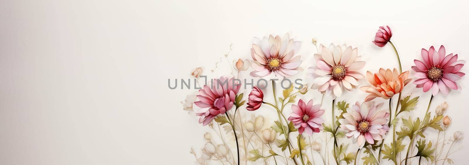 Beautiful chamomile daisy flower on neutral background. Minimalist floral concept with copy space. Creative still life summer, spring background Pink colors. Vintage stylish background Space for text