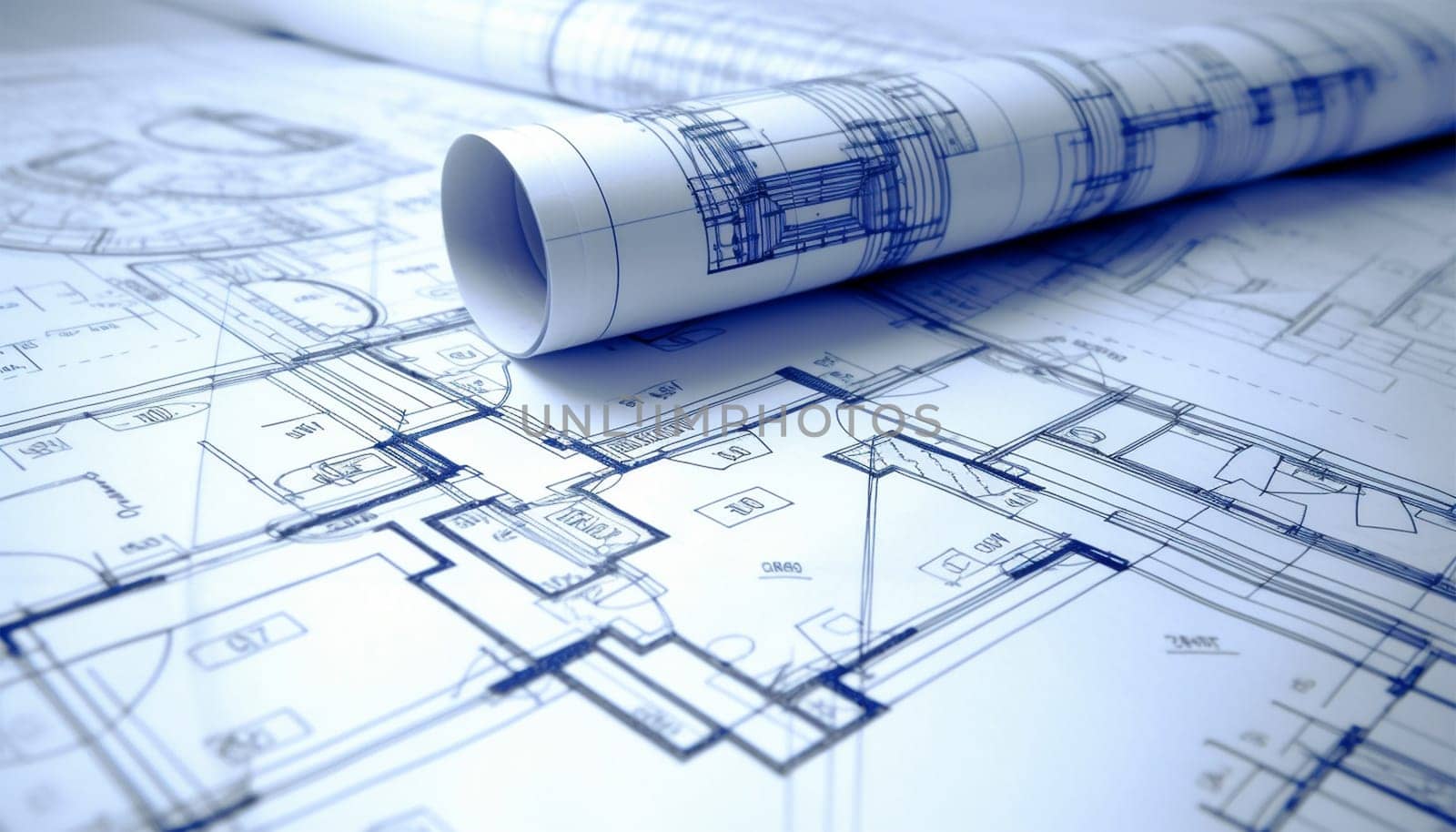 Architecture design blueprint plan illustration of a plan modern residential building technology, industry, business concept illustration: real estate, building, construction, architecture Rolled blueprints background by Annebel146