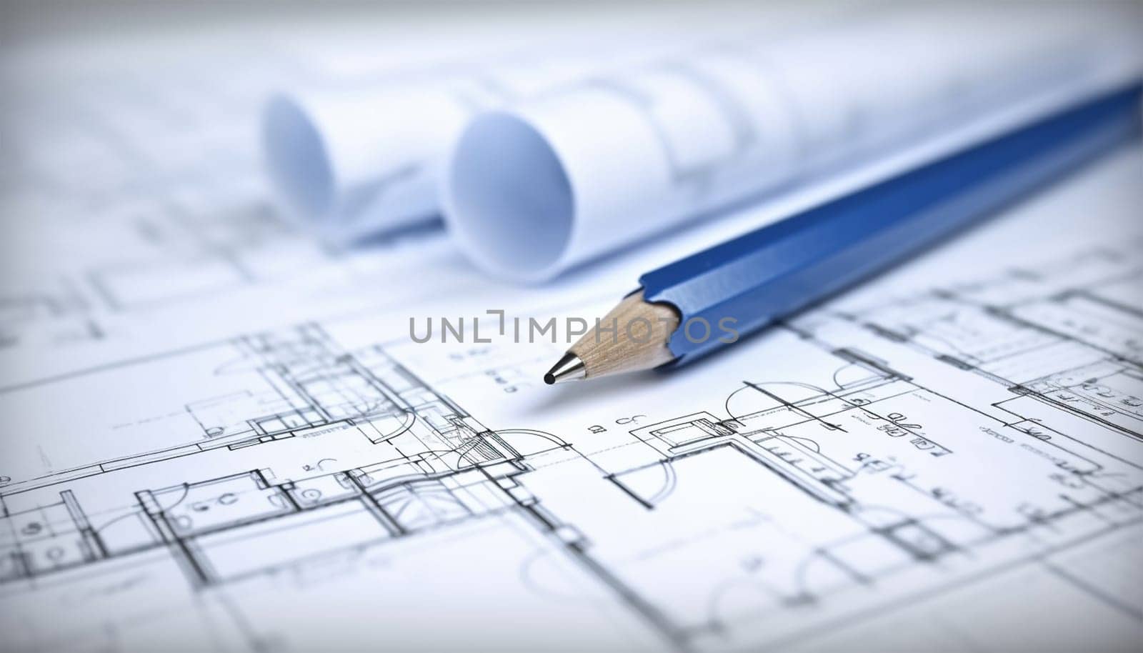 Architecture design blueprint plan illustration of a plan modern residential building technology, industry, business concept illustration: real estate, building, construction, architecture Rolled blueprints background by Annebel146