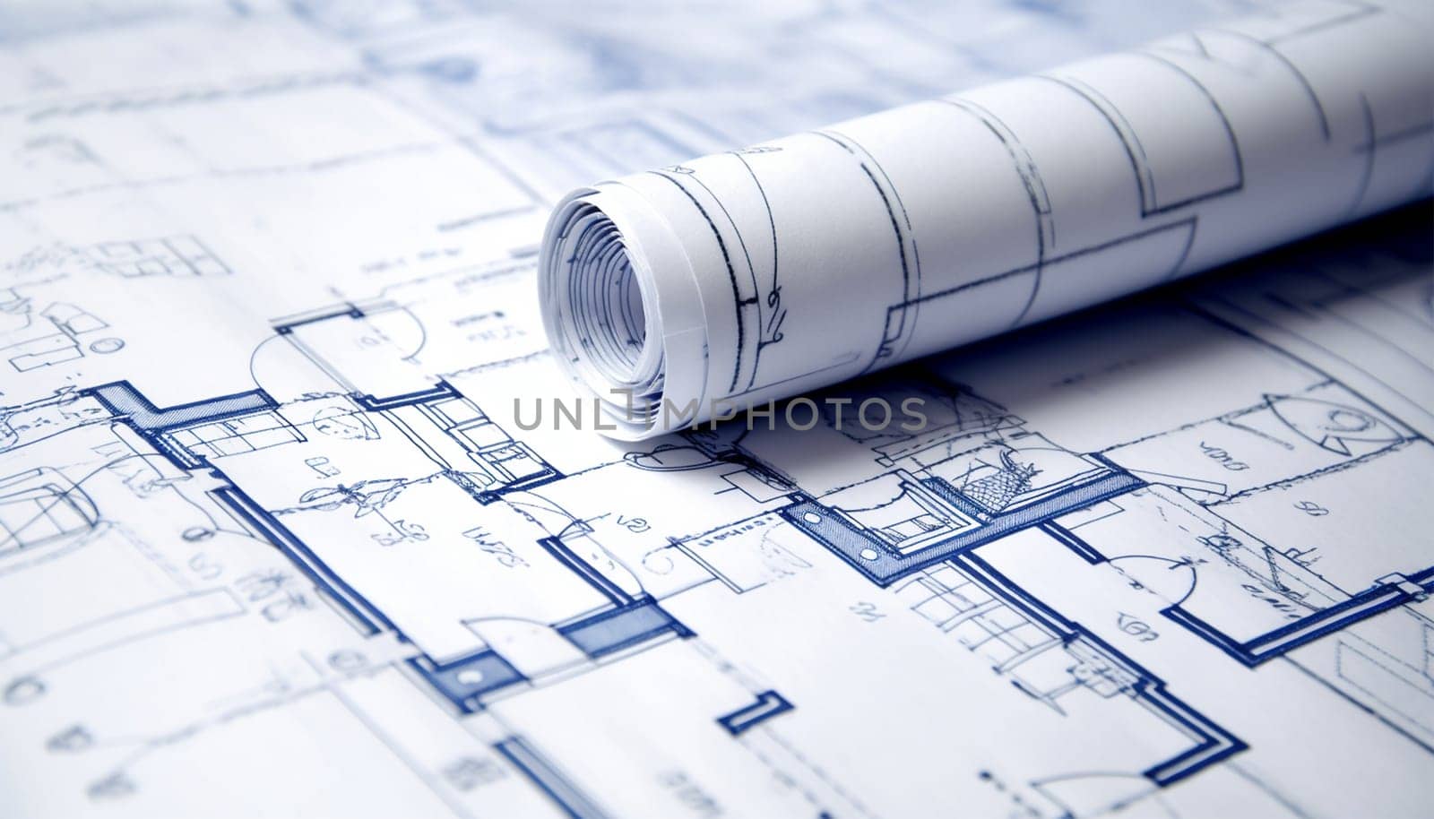 Architecture design blueprint plan illustration of a plan modern residential building technology, industry, business concept illustration: real estate, building, construction, architecture Rolled blueprints background Copy space