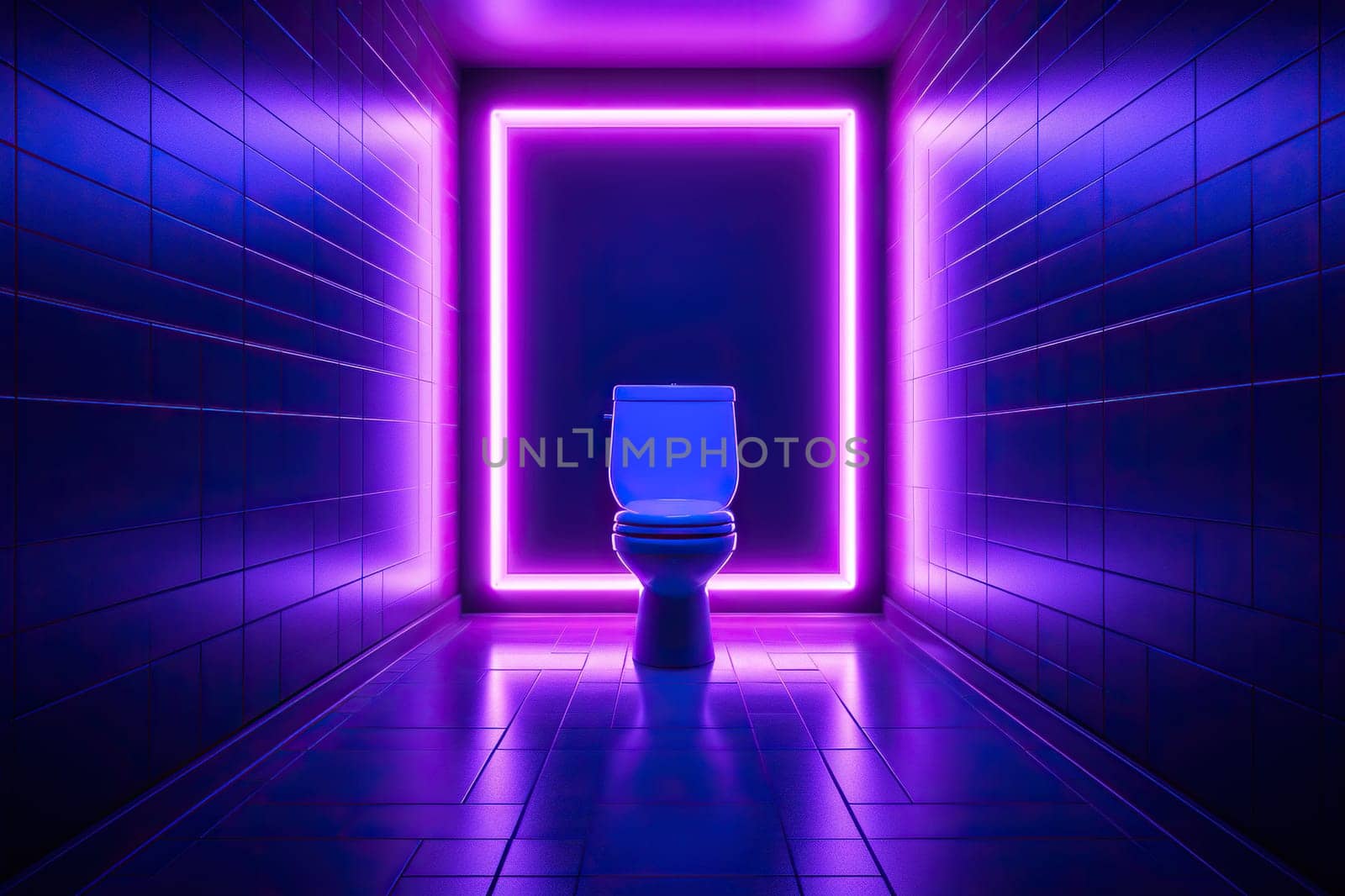 Ceramic toilet in a dark room with neon lighting.