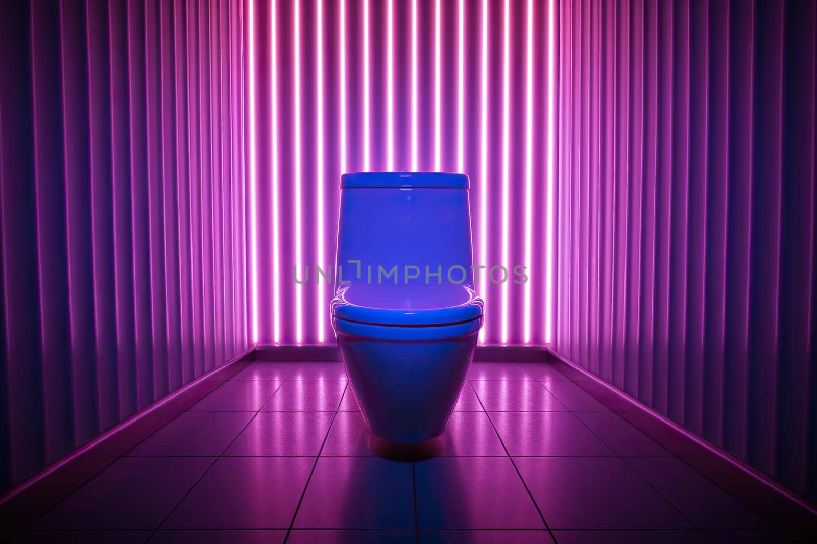 Ceramic toilet in a dark room with neon lighting. Generated by artificial intelligence by Vovmar