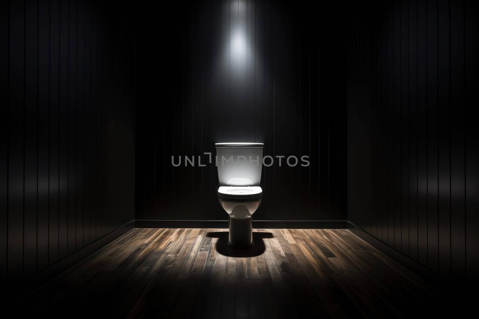 Ceramic toilet in a dark room with lighting.