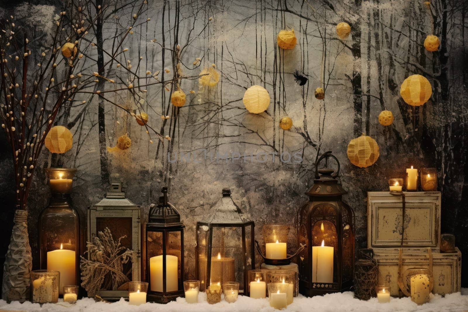 A captivating portrayal of the winter charm, focusing on the creation of cozy and welcoming visuals using the soft glow of candles or lanterns against the snowy backdrop.