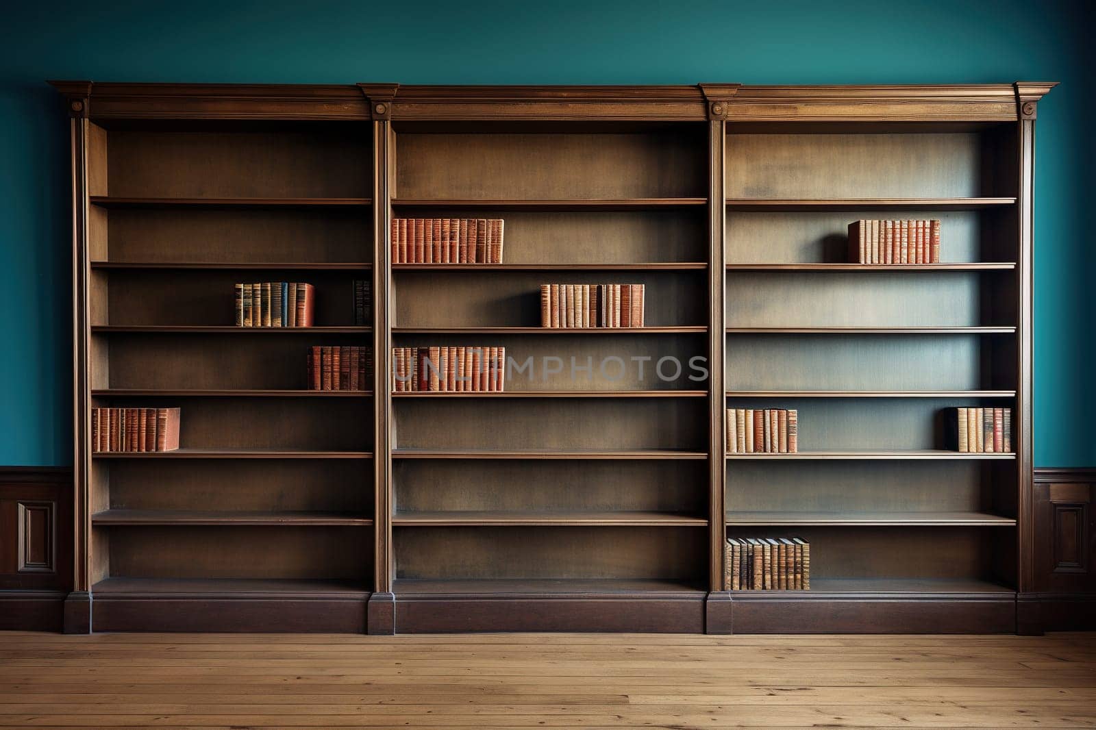 Wooden bookcase with books on shelves near a blue wall on a wooden floor.