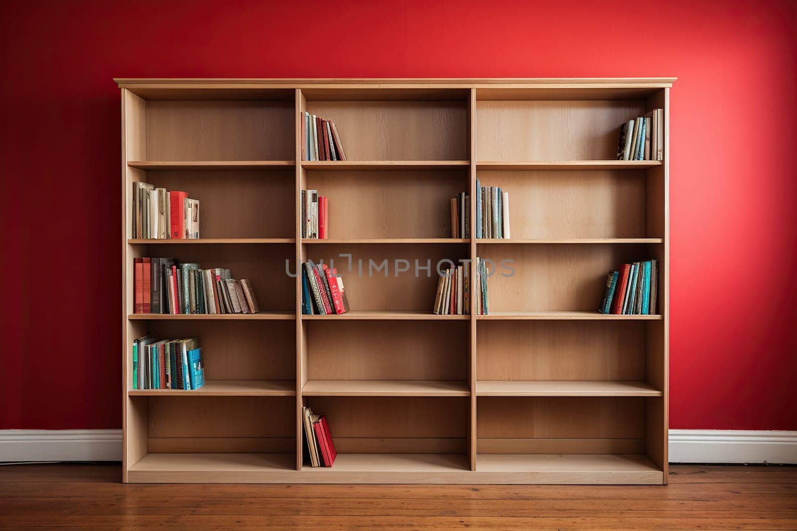 Wooden bookcase with books on shelves near a red wall on a wooden floor.