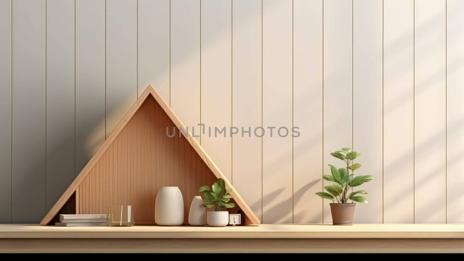 3D render of a modern wooden house with a pointed roof and a large window. The overall impression is one of a modern and stylish home that is surrounded by nature.