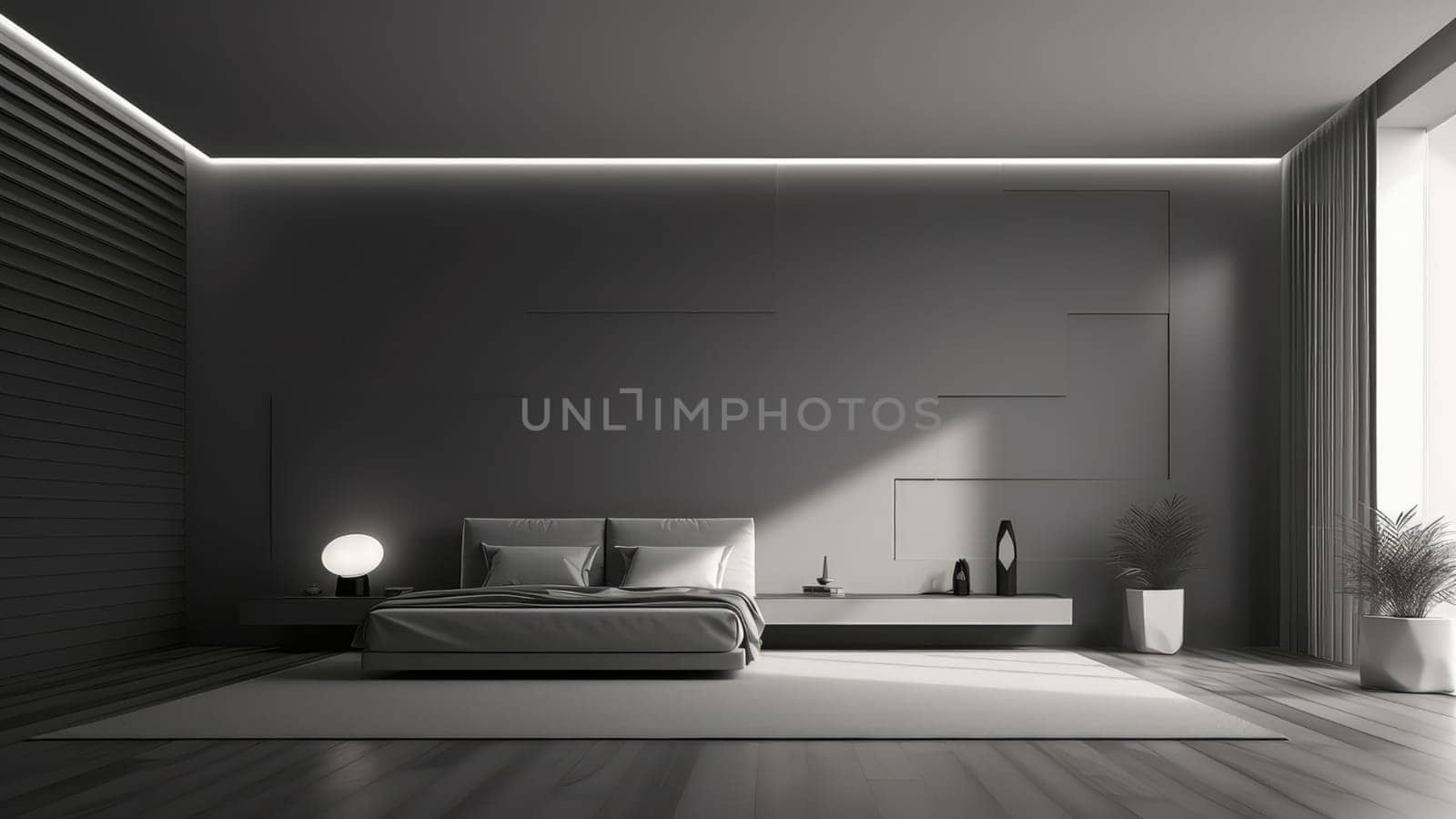 3D interior rendering of a grey bedroom. The living room is spacious and has a lot of natural light.