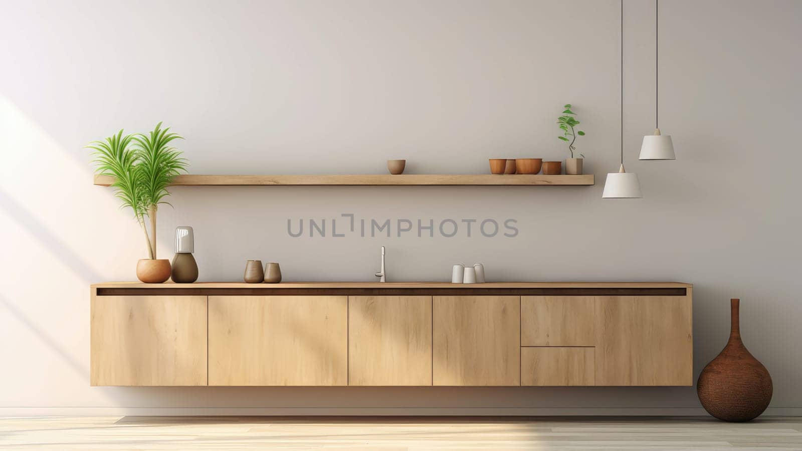 3D interior rendering of a built-in wooden shelving and wooden storage cabinet in dining room. The living room is spacious and has a lot of natural light.