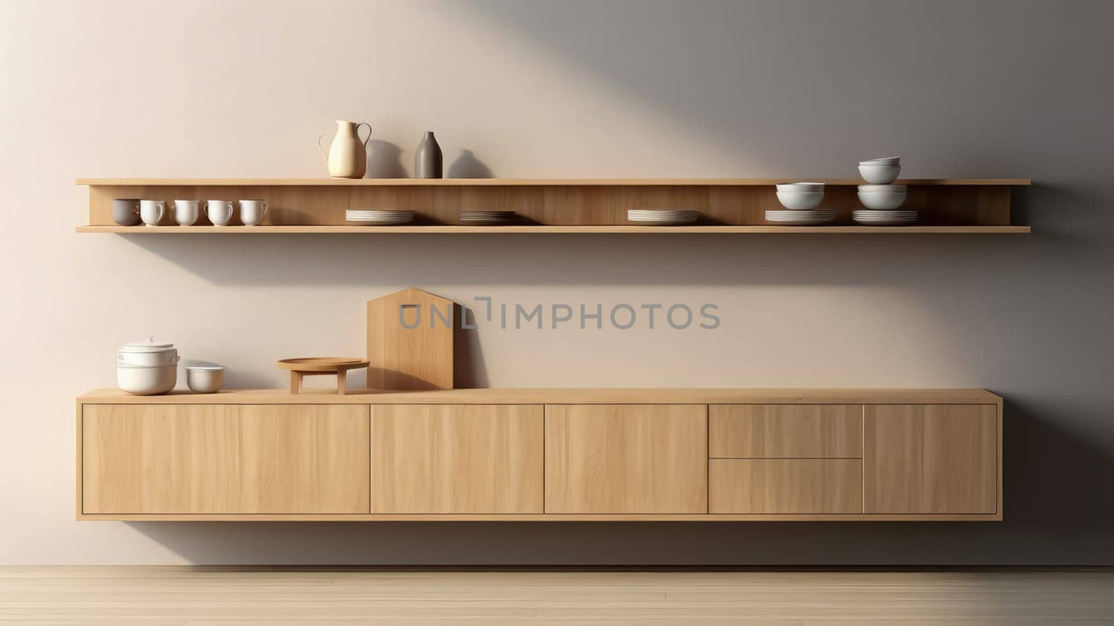 3D interior rendering of a built-in wooden shelving and wooden storage cabinet in dining room. by Arissuu1