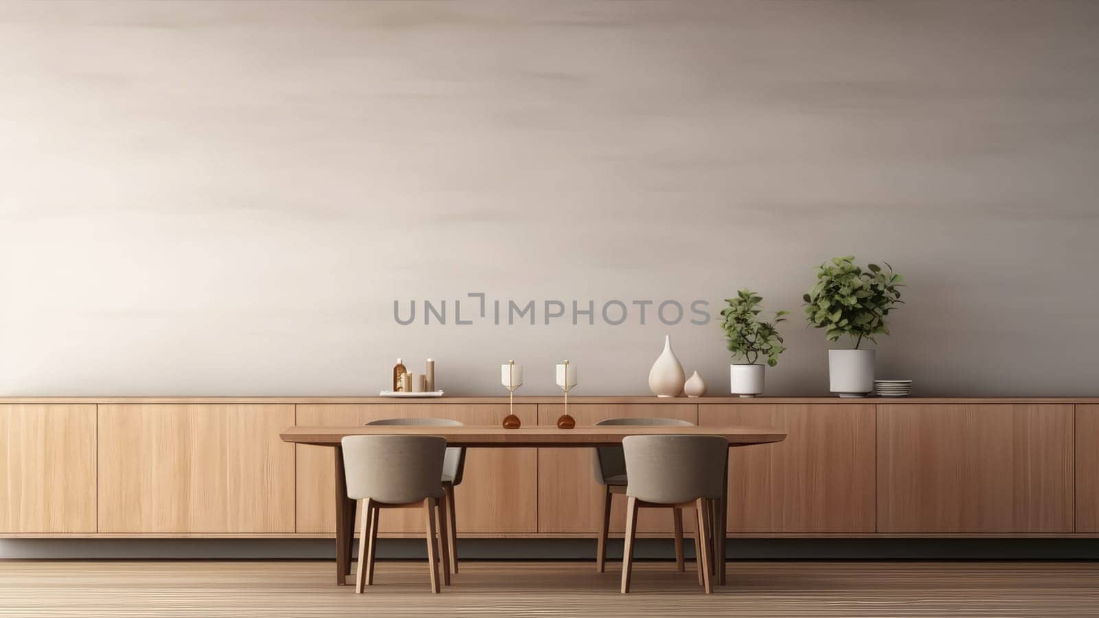 3D rendering of a dining room with a wooden table and upholstery chairs. by Arissuu1