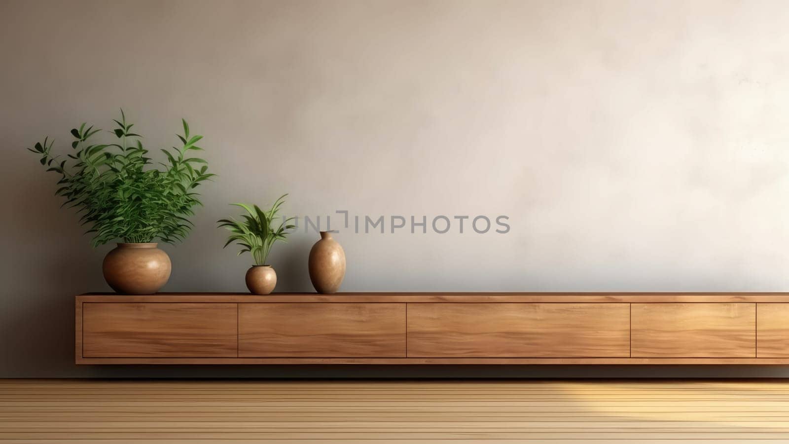 3D rendering of a potted plant, built-in wooden shelving on concrete wall background in living room. The room is decorated in a cozy and hospitality style.