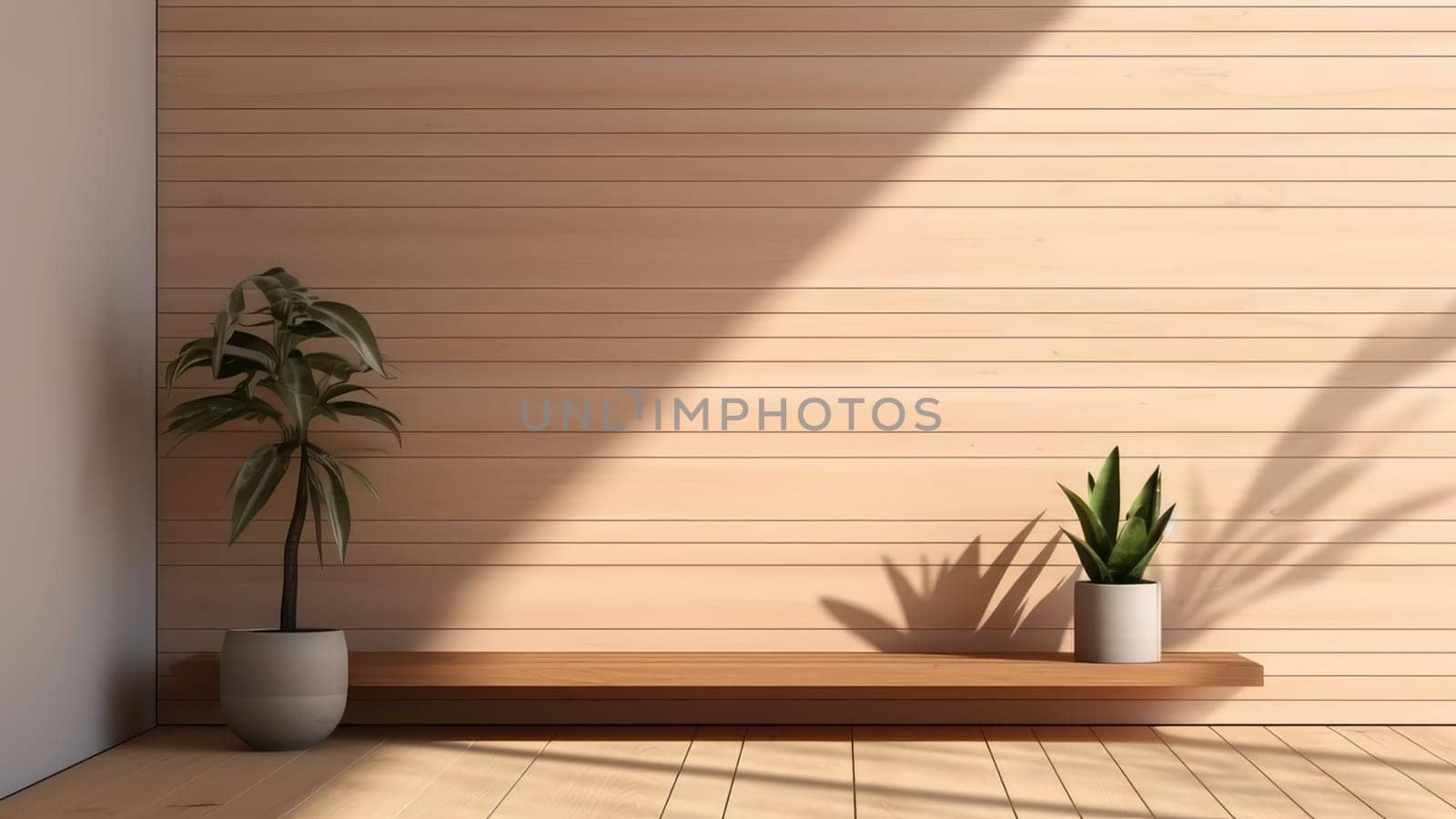 3D rendering of a potted plant, built-in wooden shelving on a concrete wall background in living room.