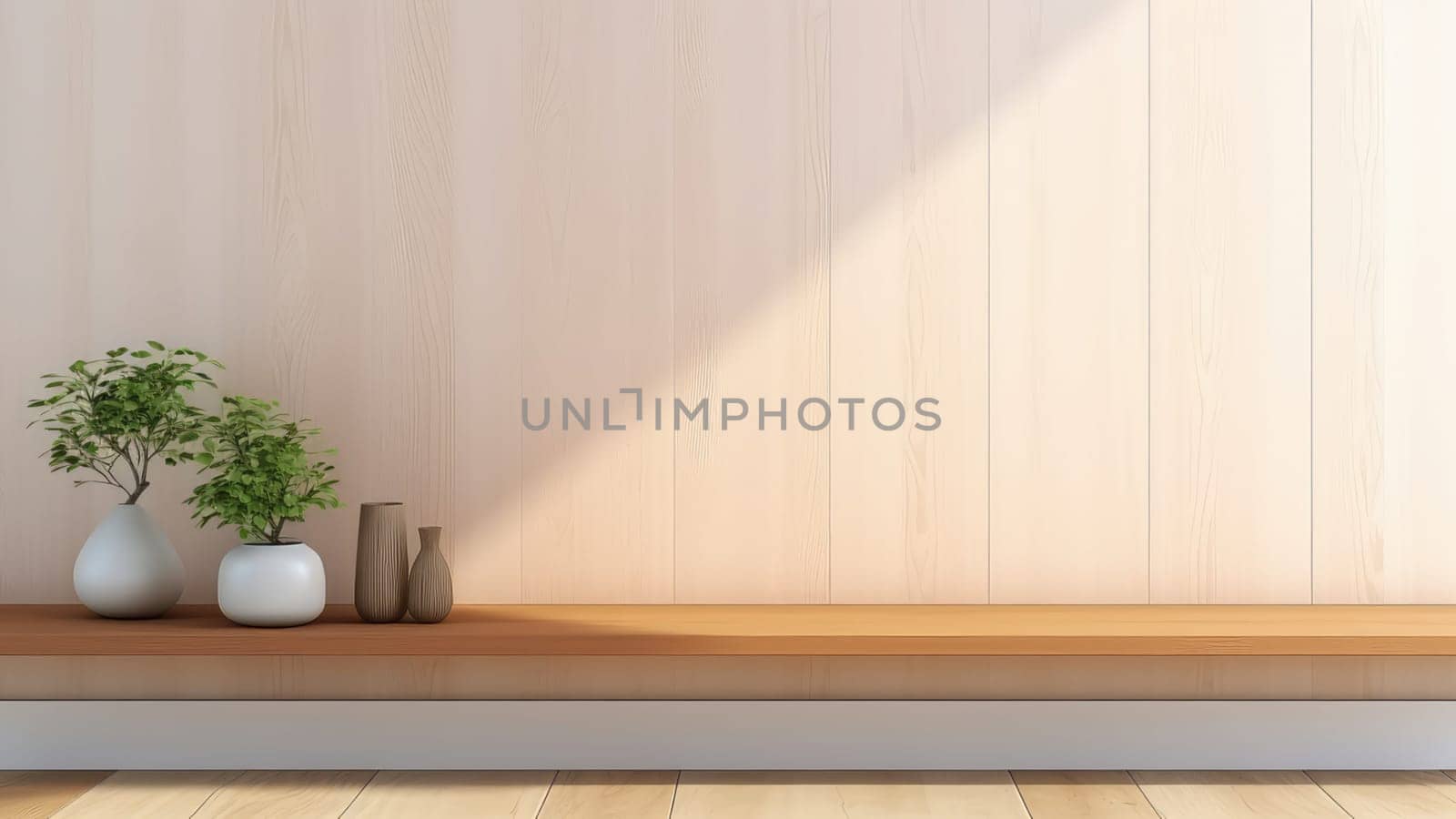 3D rendering of a potted plant, built-in wooden shelving on a concrete wall background in living room.