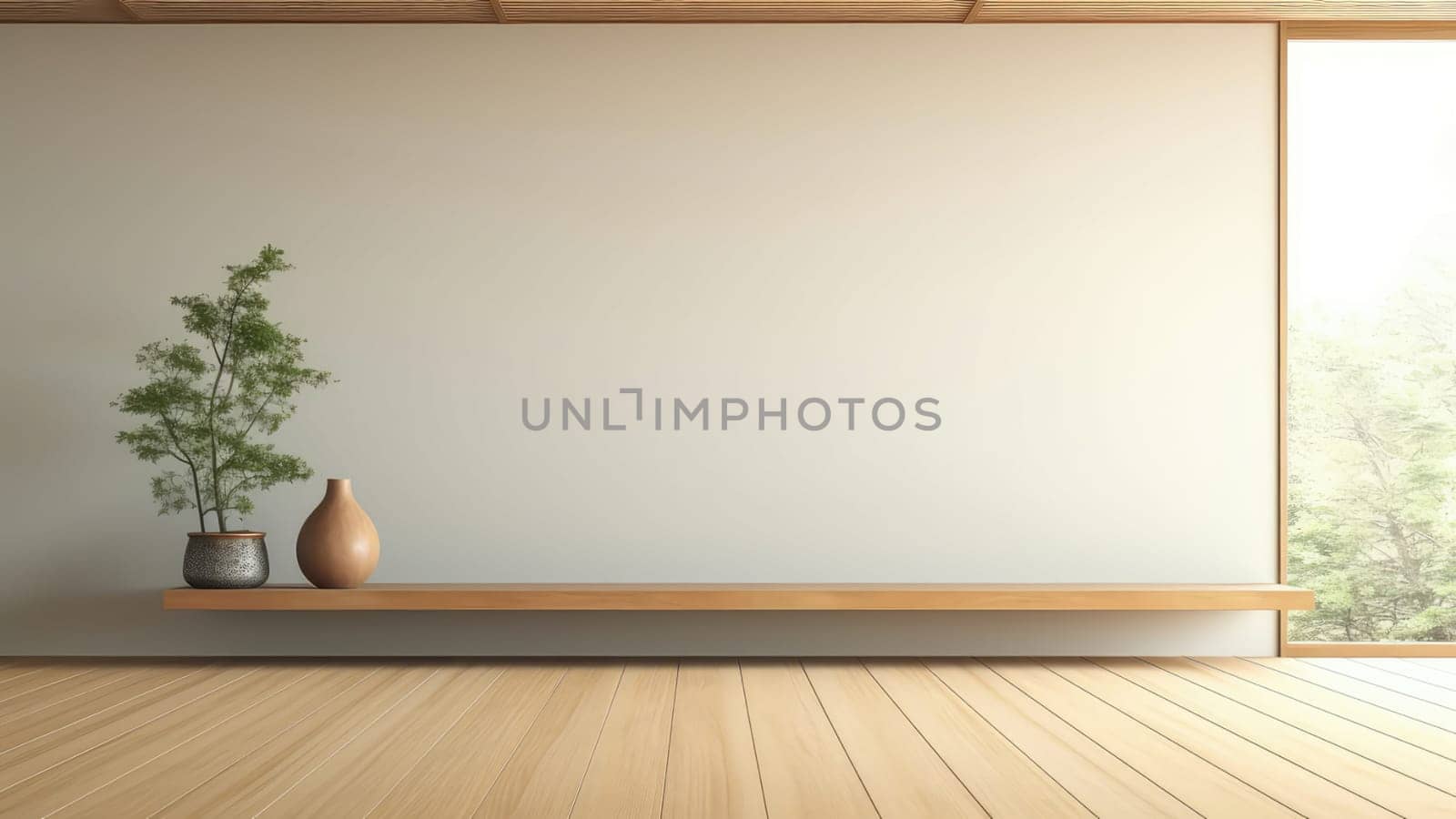 3D rendering of a potted plant, built-in wooden shelving on a concrete wall background in living room.