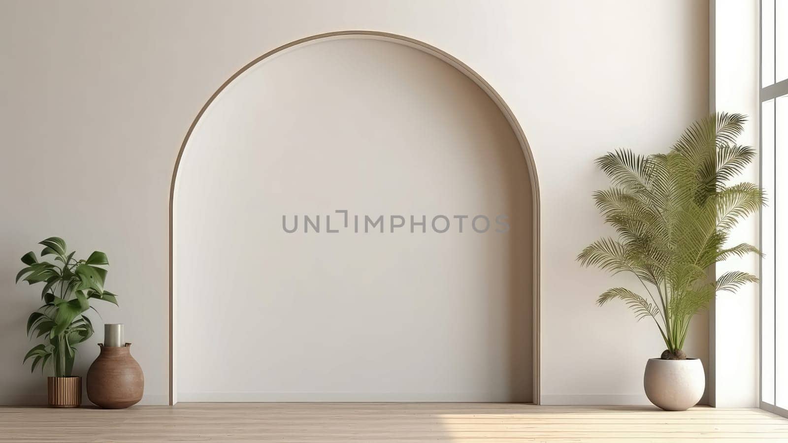 3D rendering interior of the wooden arch wall background in a living room. by Arissuu1