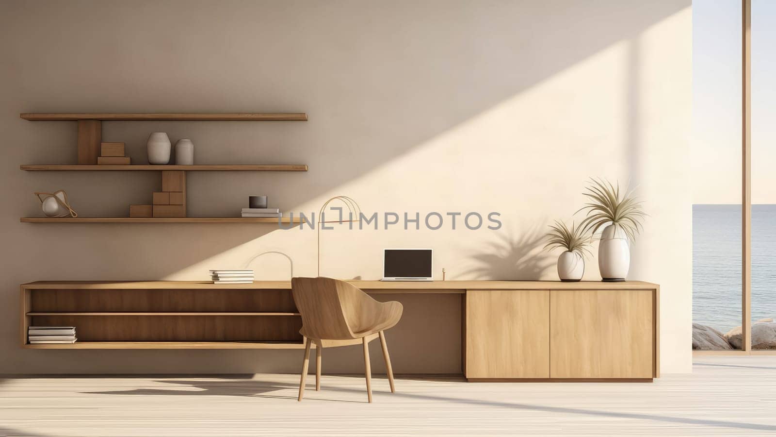 3D interior rendering of a working space at home. The living room is spacious and has a lot of natural light.