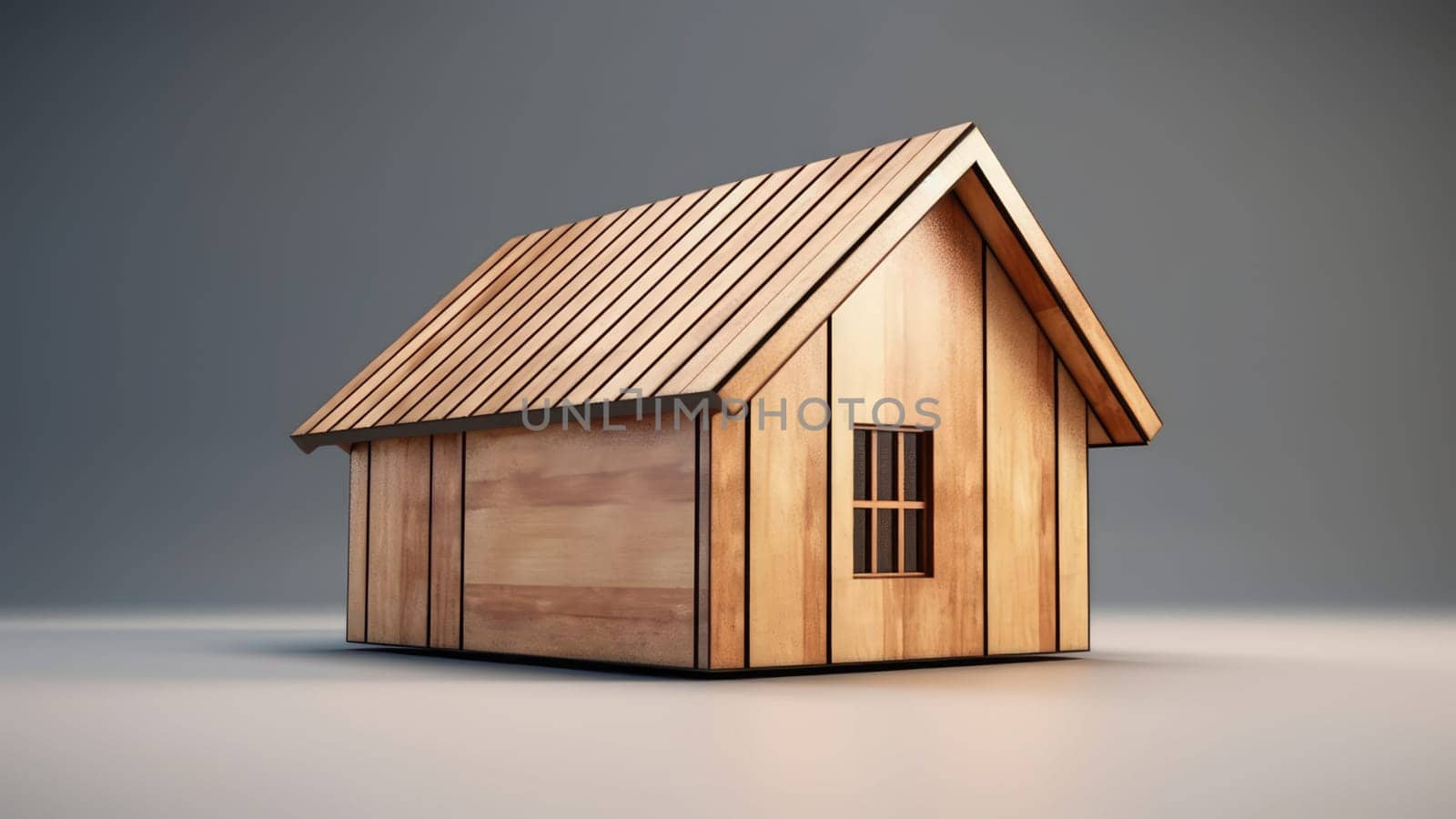 3D render of a modern wooden house with a pointed roof and a large window. by Arissuu1