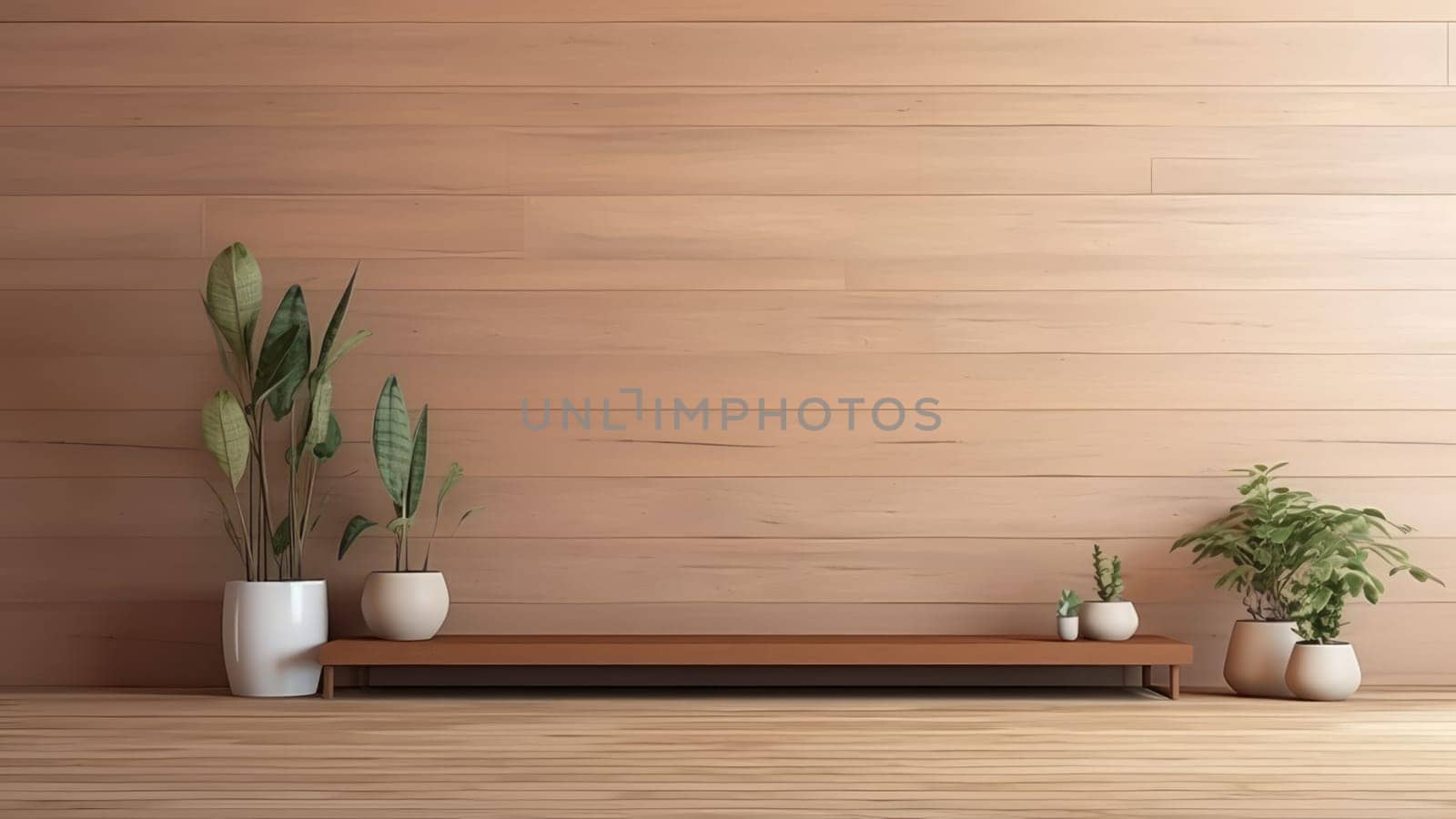 3D rendering of a minimalist living room with a potted plant. The room is spacious and has plenty of natural light.