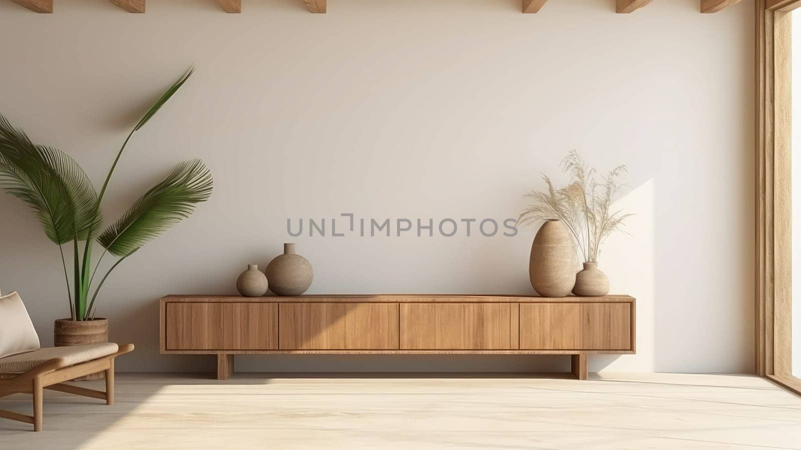 3d rendering of a potted plant on wooden storage cabinet in living room. The living room is spacious and has a lot of natural light.