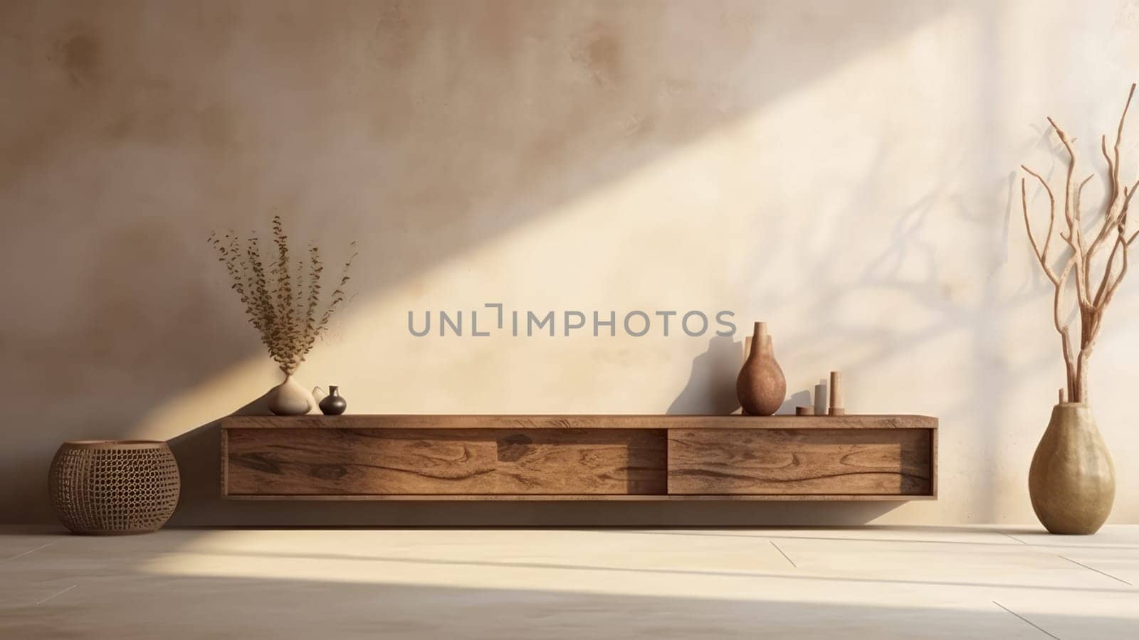 3D rendering of a potted plant, built-in wooden shelving on wooden wall background in living room.