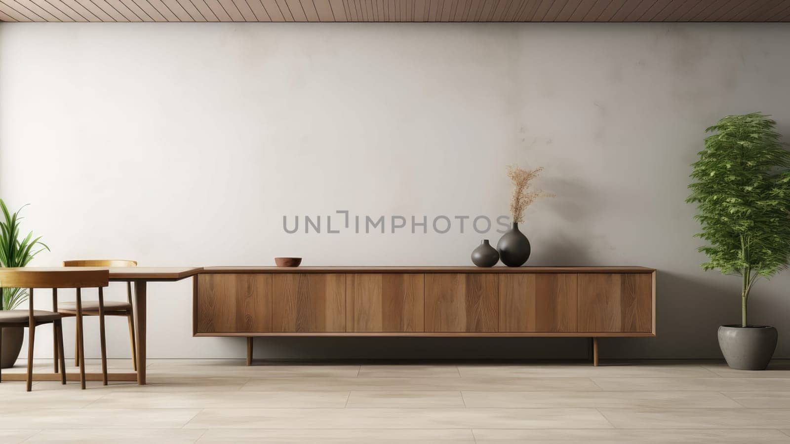 3d rendering of a potted plant on wooden storage cabinet in living room. by Arissuu1