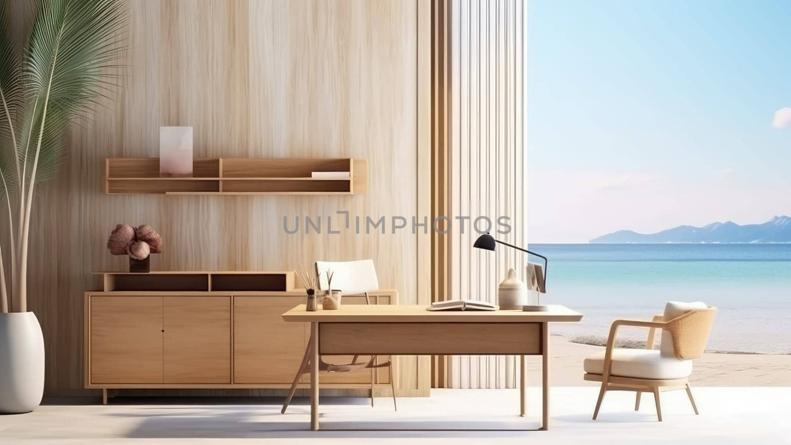 3D interior rendering of a working space at home and sea view. by Arissuu1
