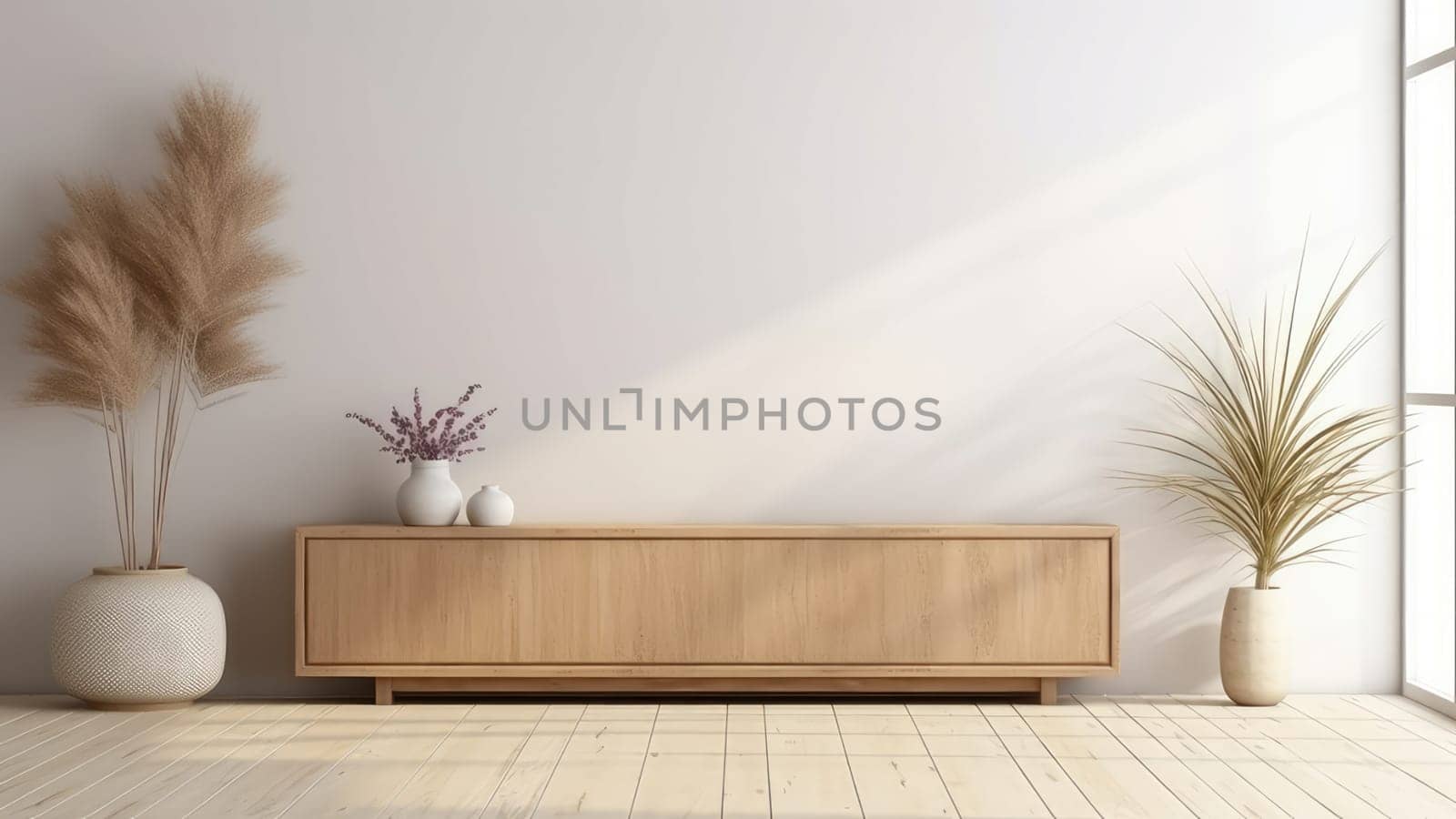 3d rendering of a potted plant on wooden storage cabinet in living room. by Arissuu1