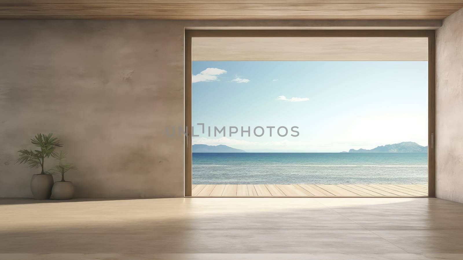 3D rendering interior of a living room with sea view background. The seascape shining in the day light, creating a beautiful and exotic scenery.