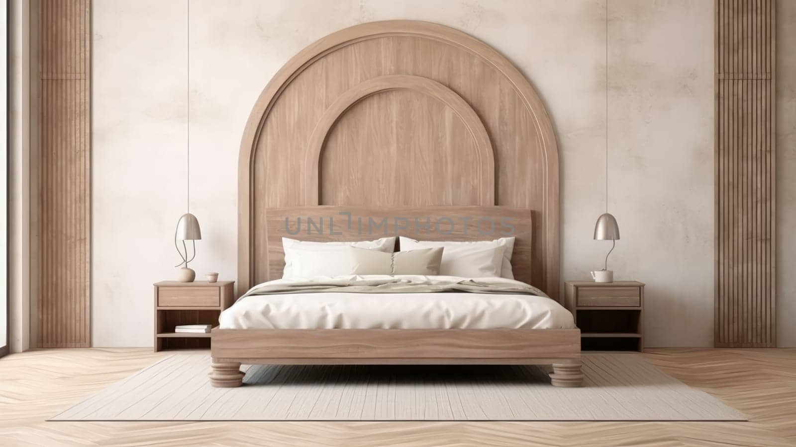 3D rendering interior of a wooden arch wall background in a bedroom. The room is clean and tidy, and there is plenty of natural light.