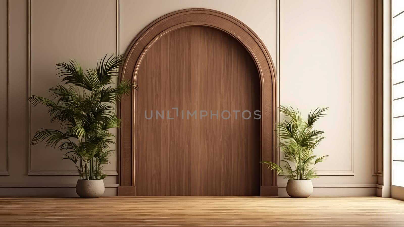 3D rendering interior of a wooden arch wall background in a living room. The room is spacious and has plenty of natural light.