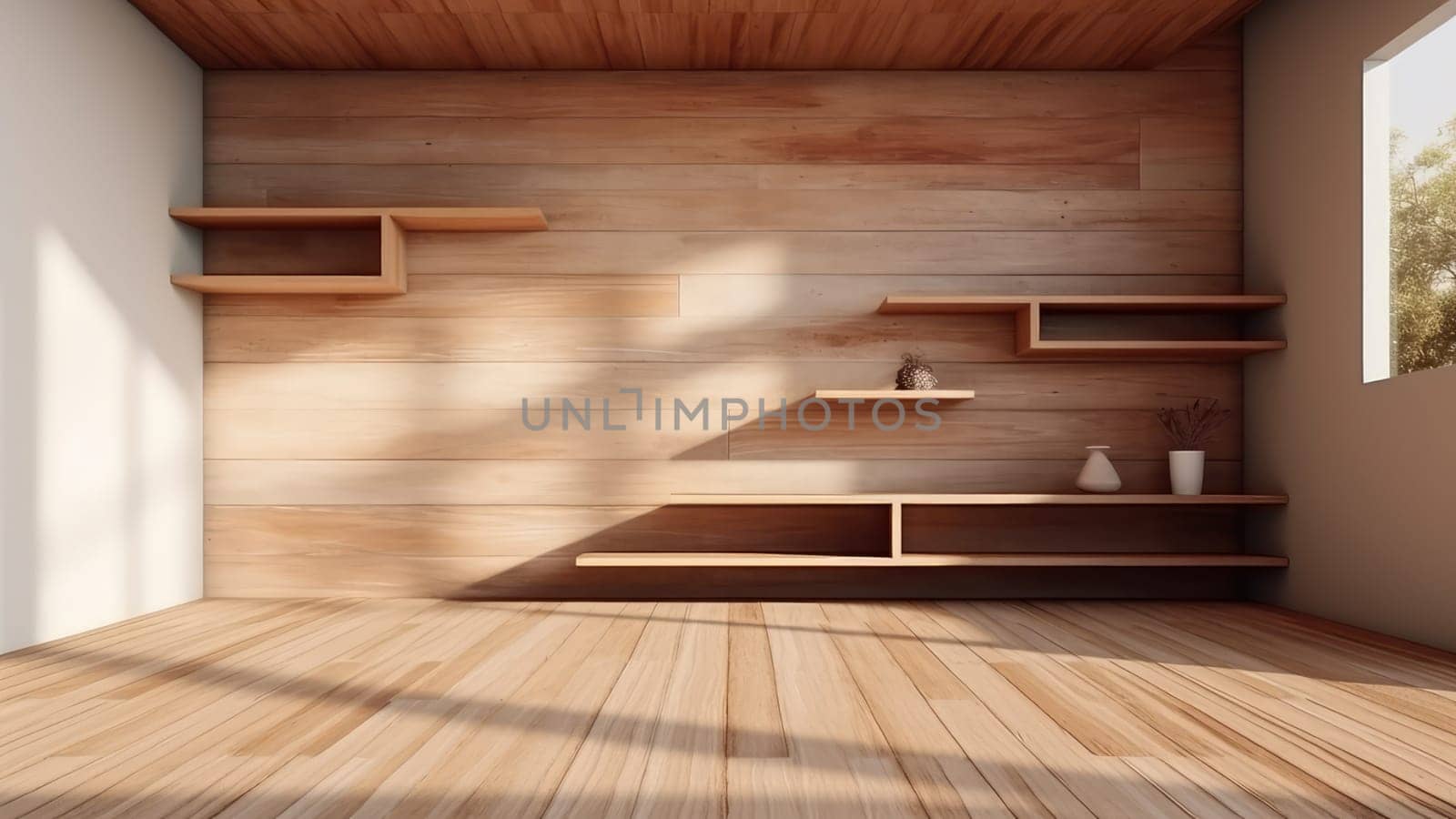 3D interior rendering of a built-in wooden shelving on a wooden wall. by Arissuu1
