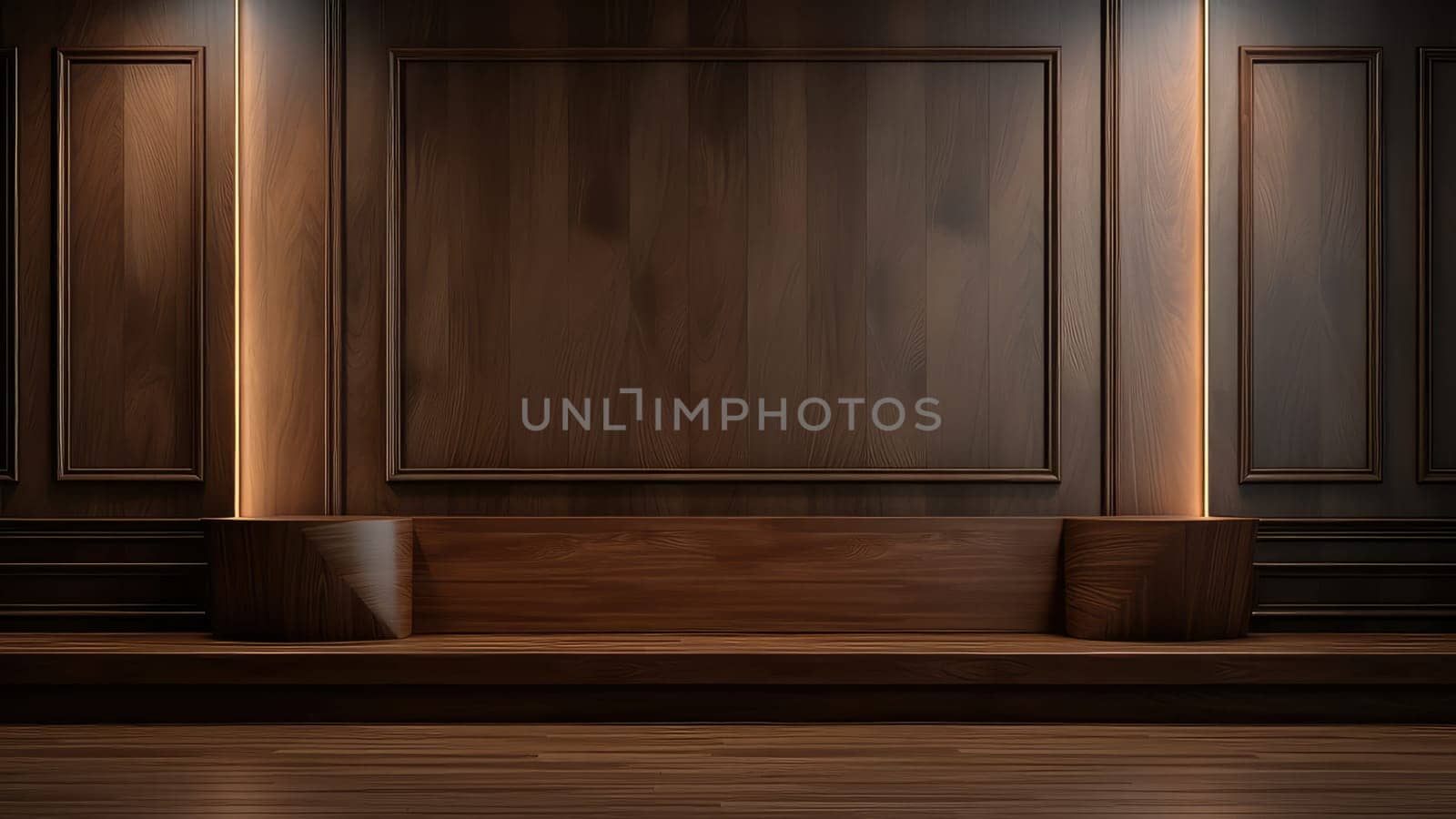 3D interior rendering of a built-in wooden bench on a wooden wall in living room. by Arissuu1