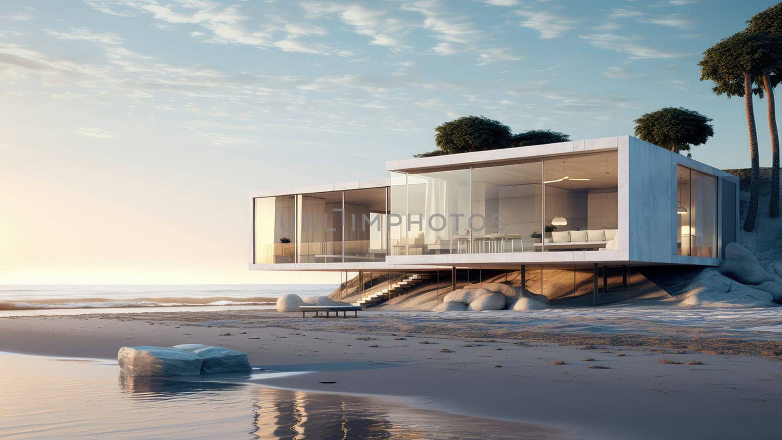 3D rendering of a small house on a sea beach. The ocean is visible in the distance.