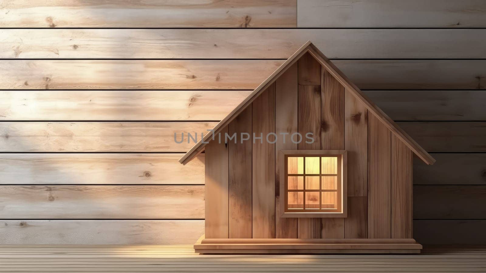 3D render of a modern wooden house with a pointed roof and a large window. by Arissuu1