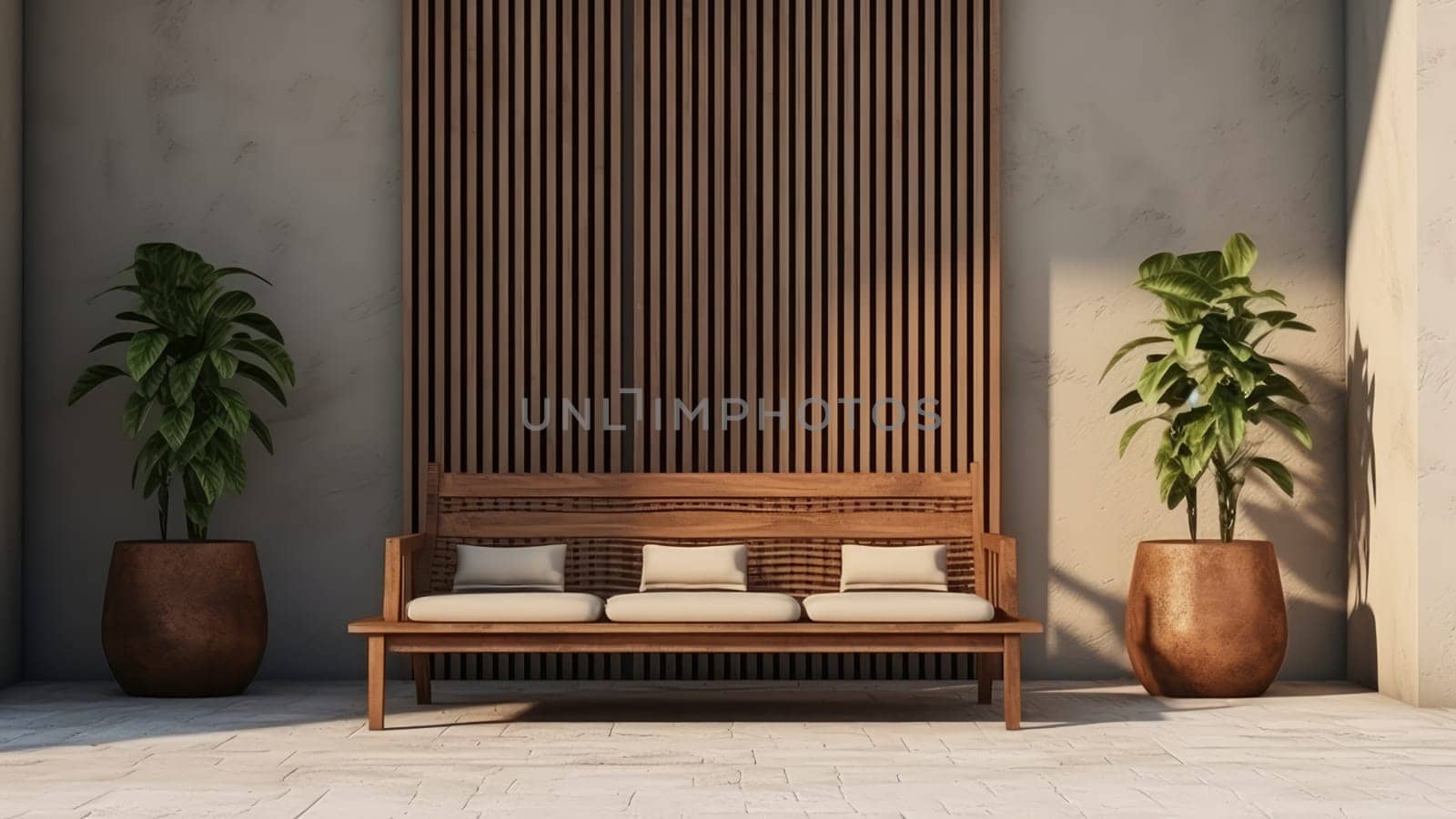 3D rendering of a white upholstery on wooden bench in living room. The room is empty and has a lot of natural light.