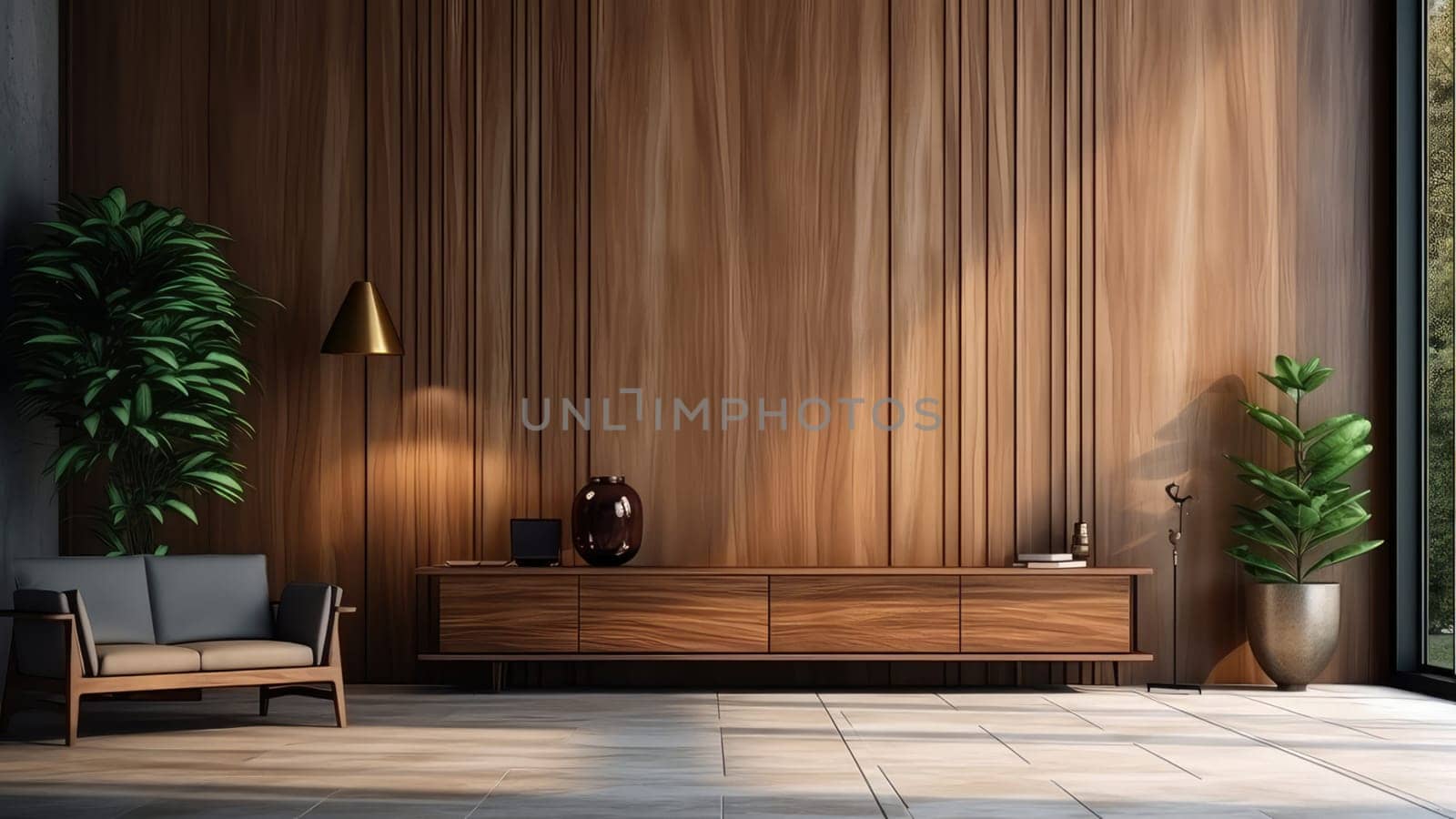 3D rendering of a minimalist living room. The room is decorated in a warm and inviting style.