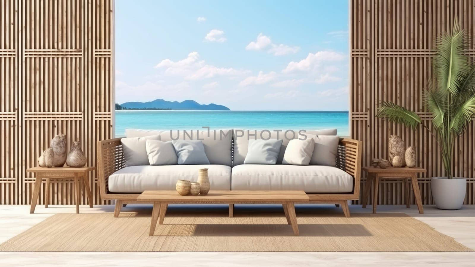 3d rendering of an upholstery sofa in living room with a large window overlooking the seascape. The seascape shining in the day light, creating a beautiful and exotic scenery.