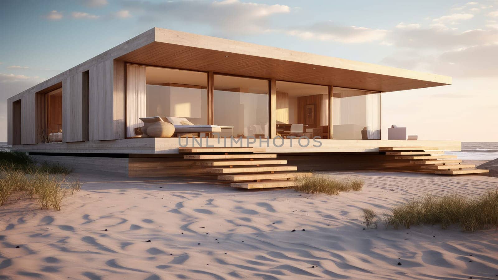 3D rendering of a modern house with outdoor concrete staircase on a beach. The house has a large window that overlooks the ocean.