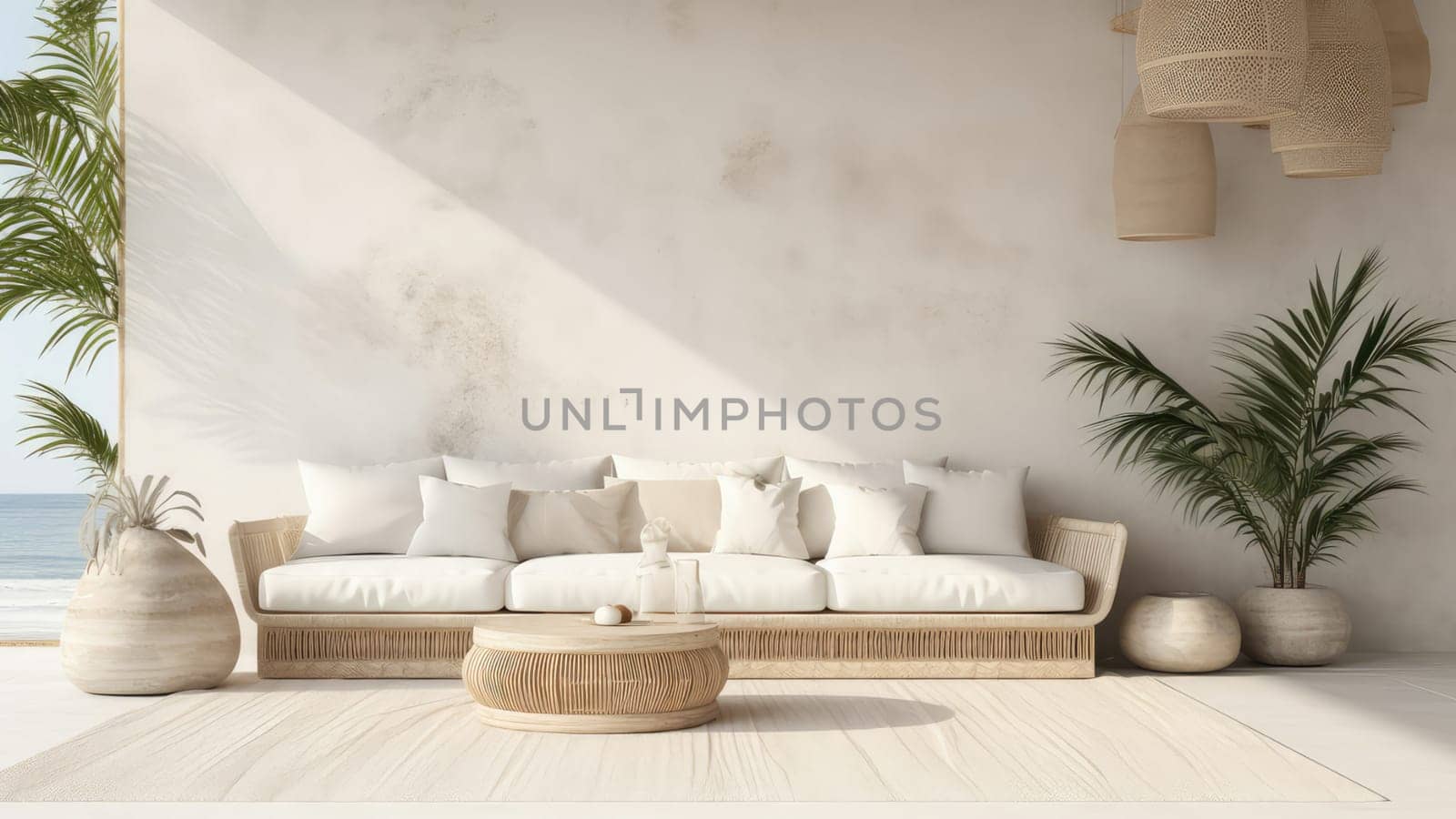 3D rendering interior of a living room with sea view background. by Arissuu1