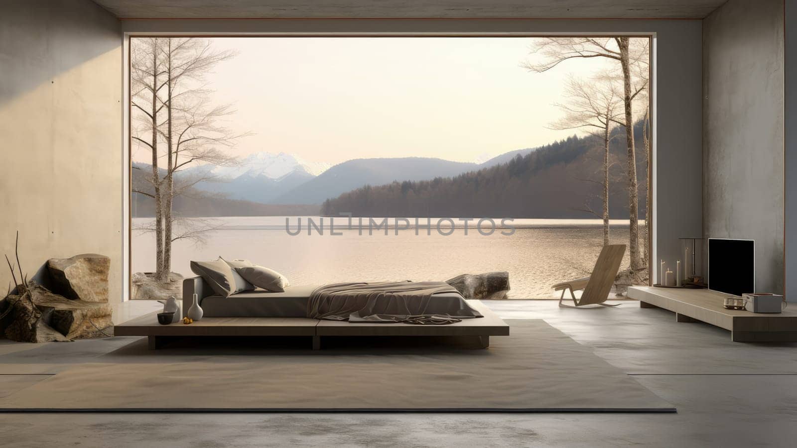 3D rendering of a bedroom with a large window overlooking a natural view. The room is decorated in a cozy and hospitality style.