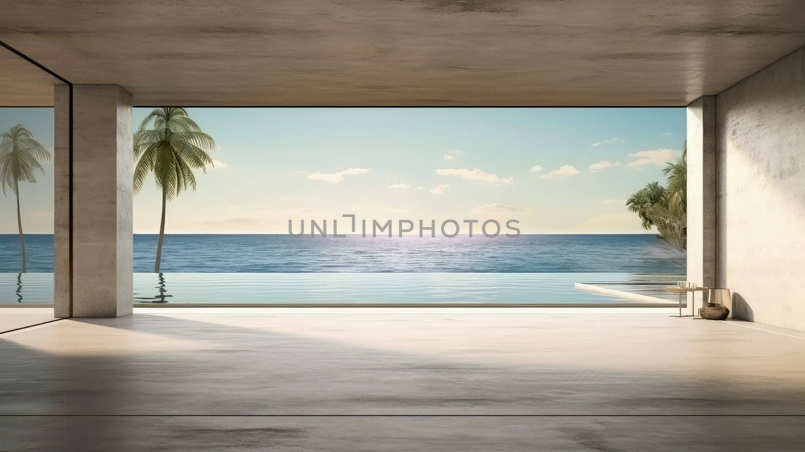 3D rendering interior of a living room with sea view background. The seascape shining in the day light, creating a beautiful and exotic scenery.