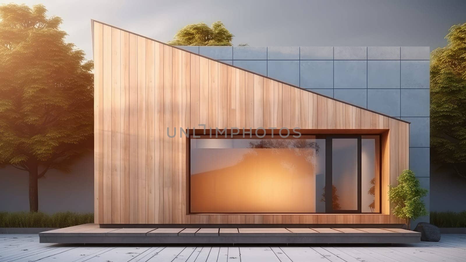 3D render of a modern wooden house with a pointed roof and a large window. The overall impression is one of a modern and stylish home that is surrounded by nature.