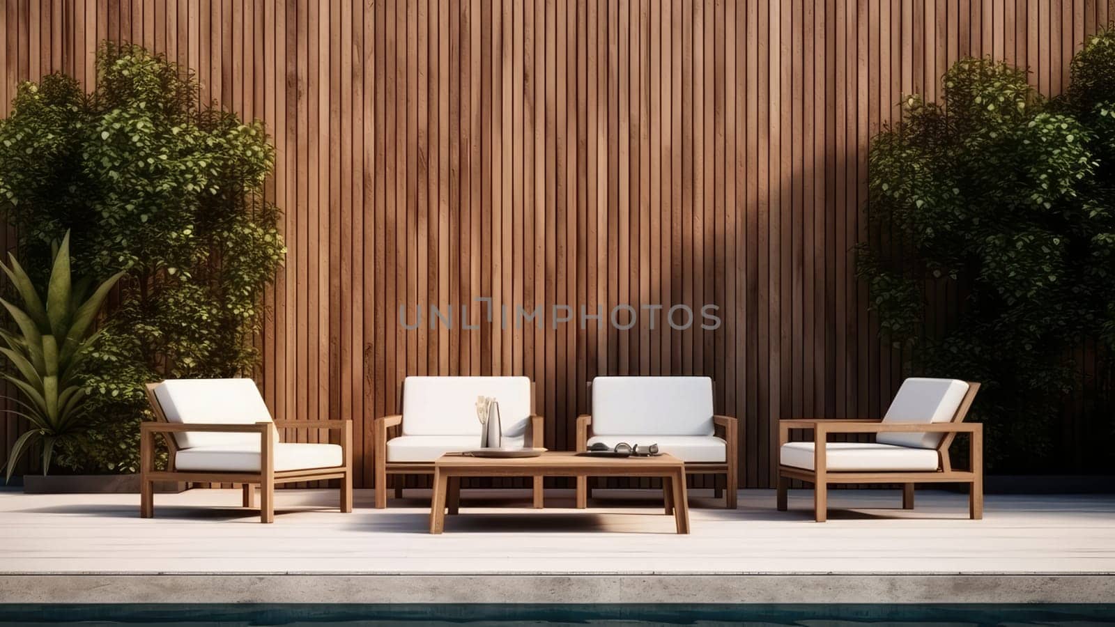 3D render of a cozy outdoor wooden patio with tables with chairs and swimming pool. The exterior space is clean and organized, natural light and it has a warm and inviting atmosphere.