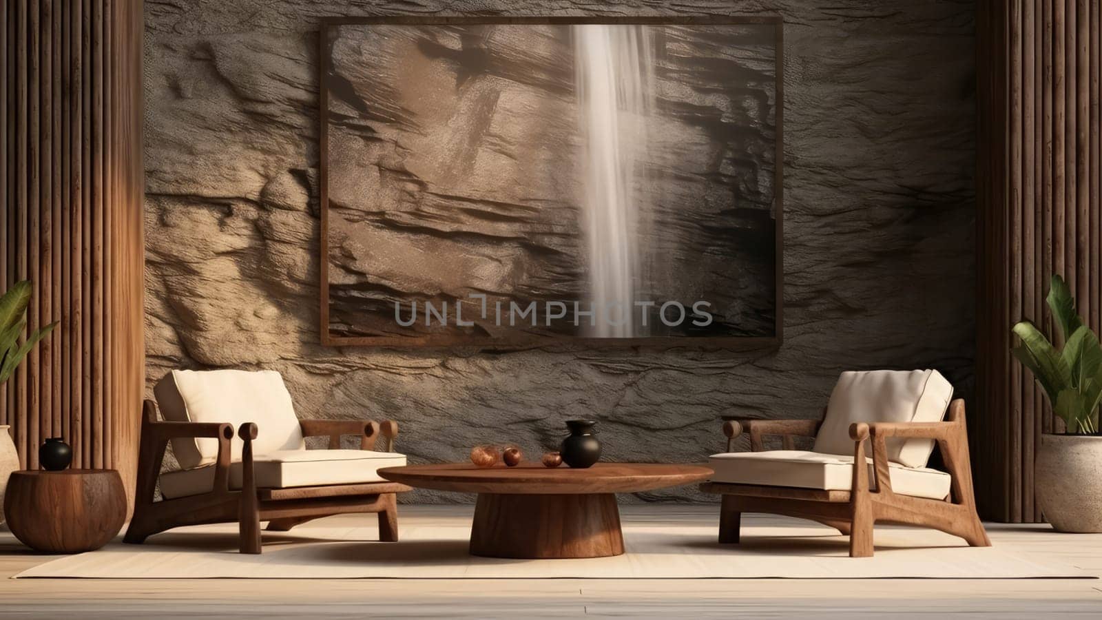 3D rendering of a living room with a waterfall view background. The living room is spacious and has a lot of natural light.