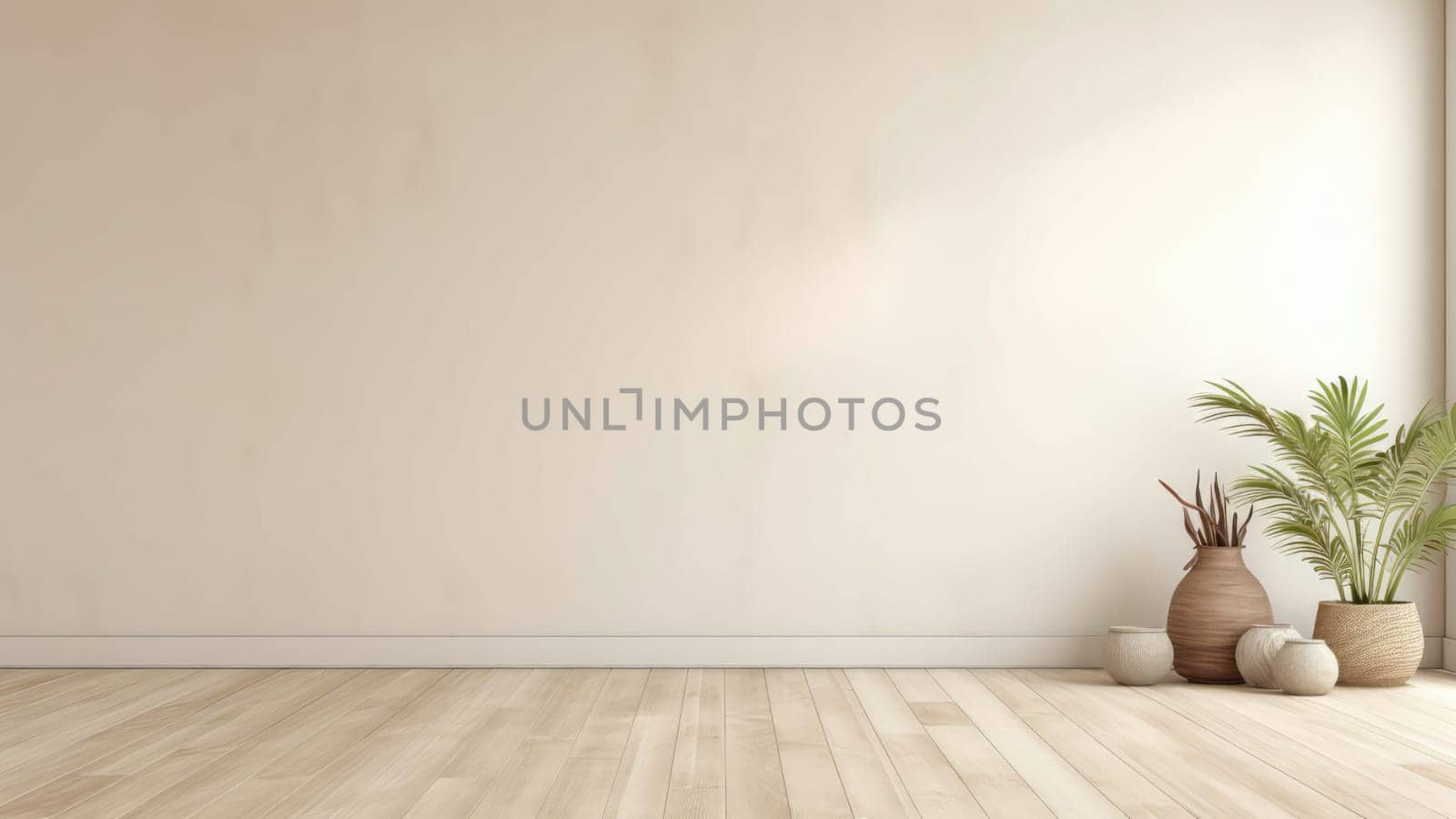 3d rendering of the empty living room with a potted plants on floor and white walls. The sunlight streaming through the windows casts a warm glow on the floor and walls.